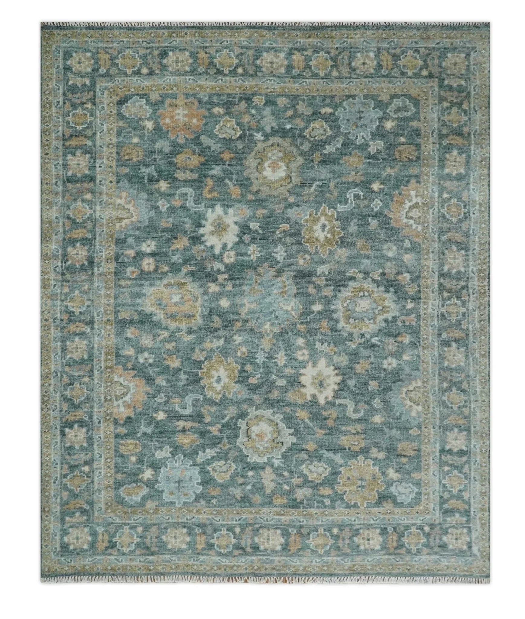 Made to Order Teal, Olive and Silver Antique Style Hand knotted Oushak wool Area Rug - The Mayfair Hall