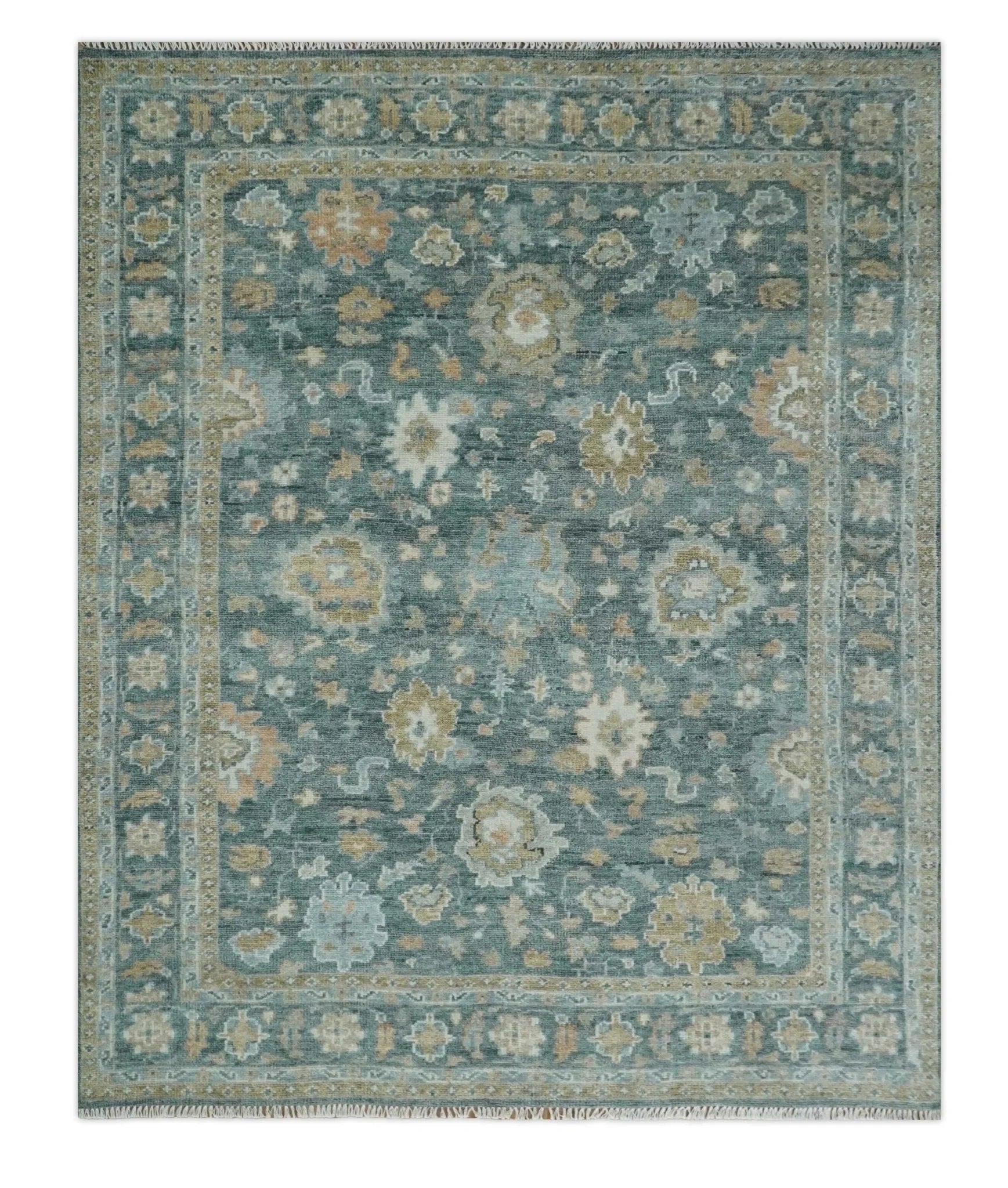 Made to Order Teal, Olive and Silver Antique Style Hand knotted Oushak wool Area Rug - The Rug Decor