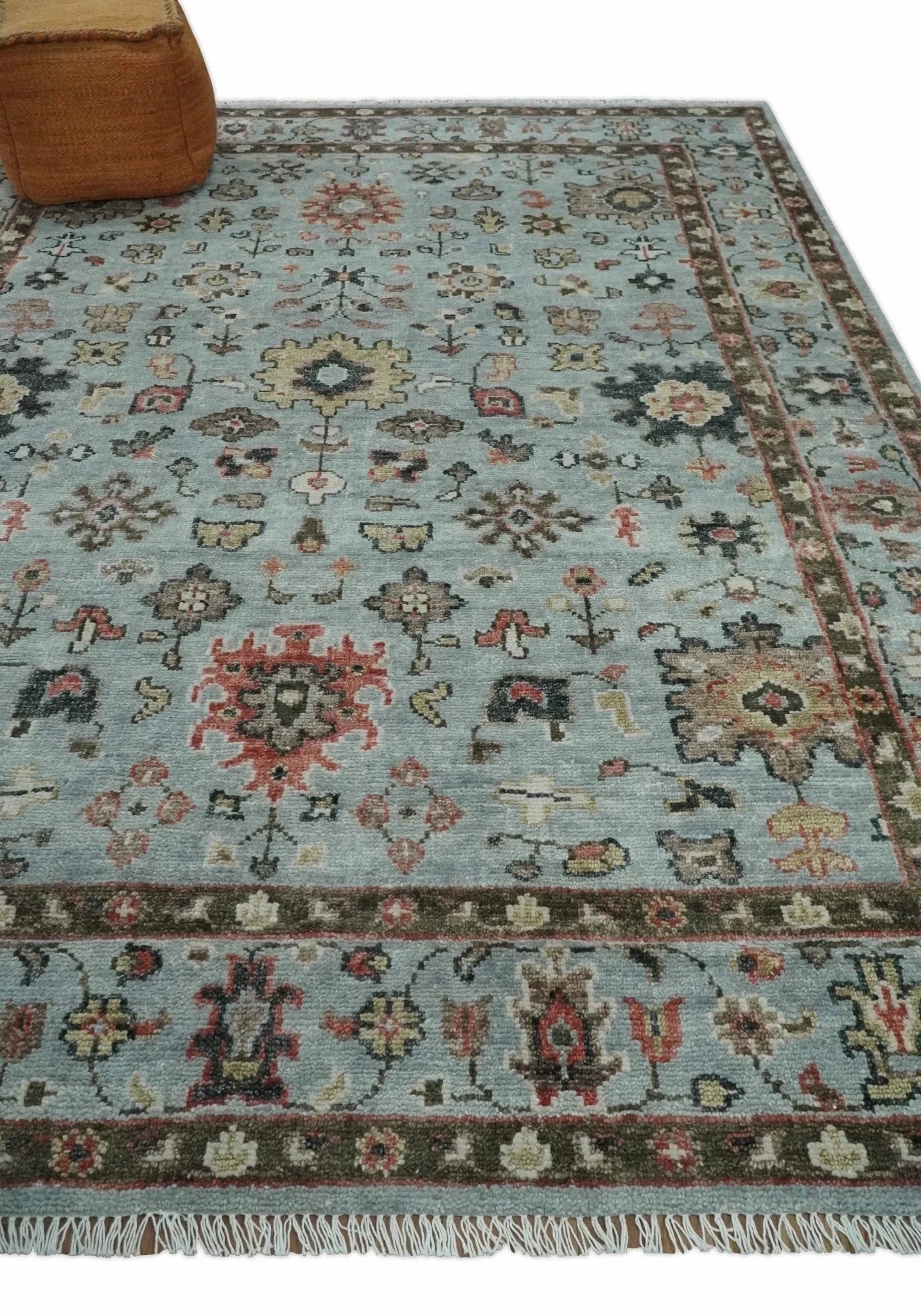 Made to Order Wool Traditional Silver and Olive Hand knotted Oushak Area Rug - The Rug Decor