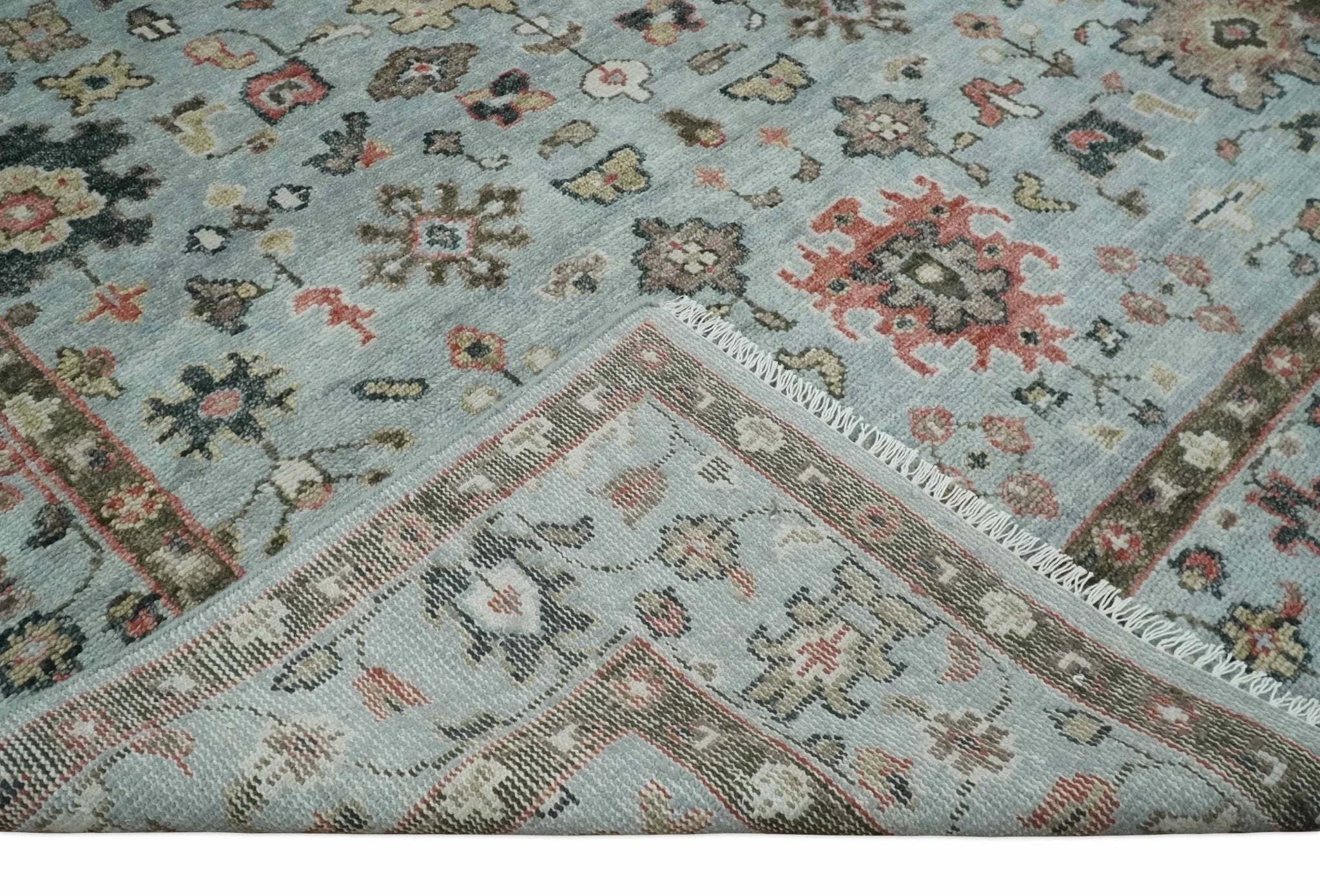 Made to Order Wool Traditional Silver and Olive Hand knotted Oushak Area Rug - The Rug Decor