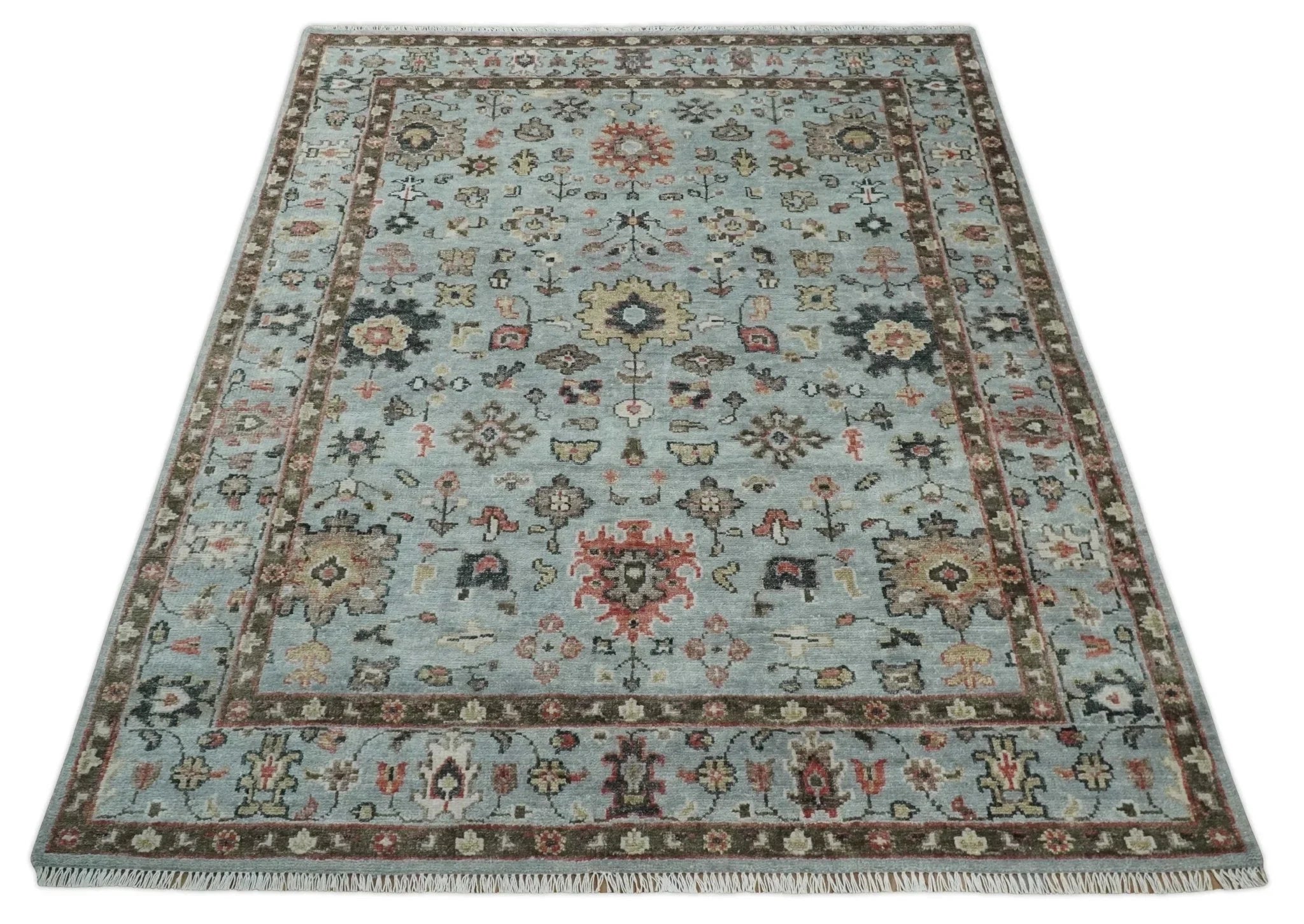 Made to Order Wool Traditional Silver and Olive Hand knotted Oushak Area Rug - The Rug Decor