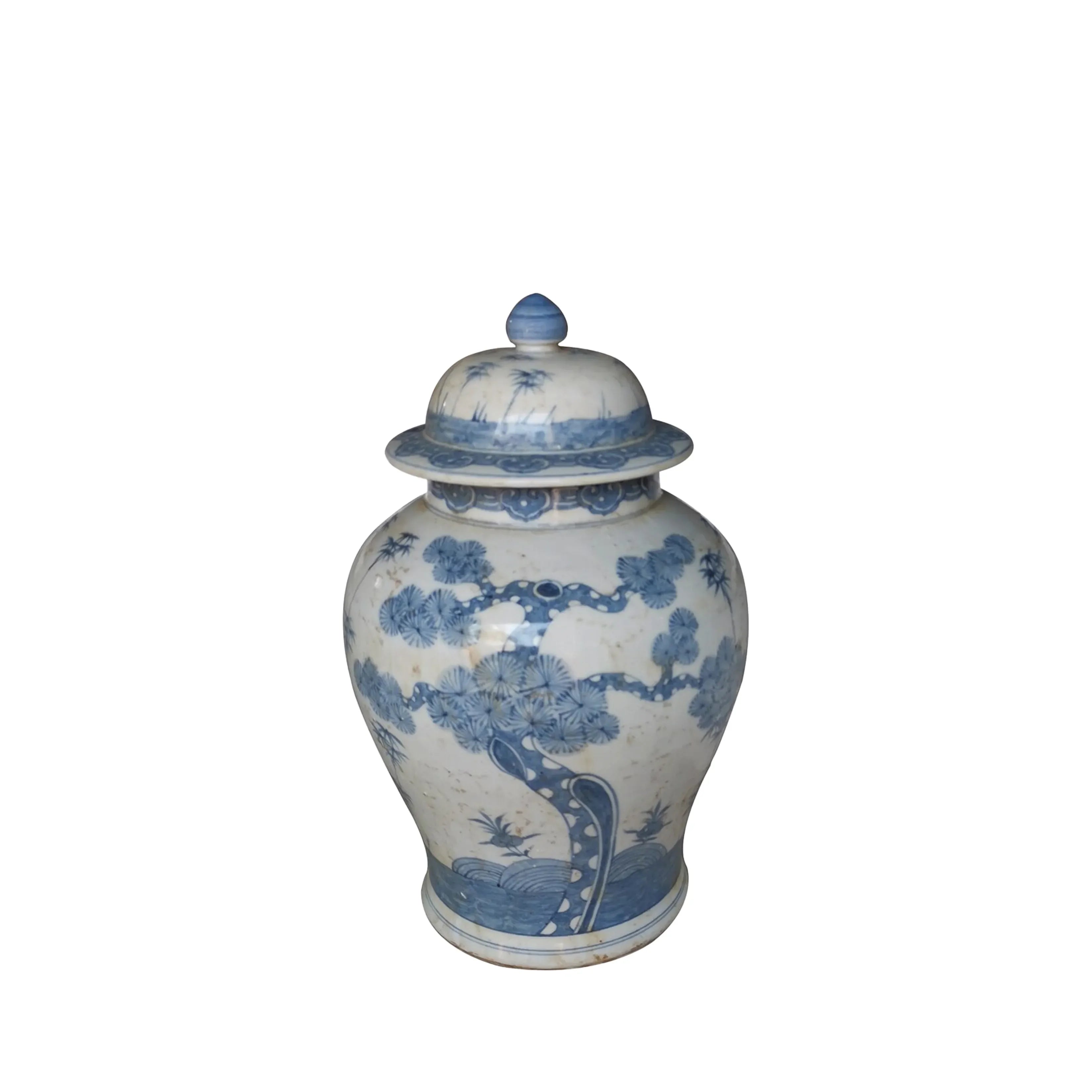 Blue And White Ming Pine Tree Temple Jar - The Mayfair Hall