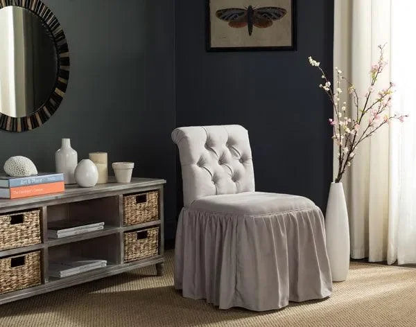 Allie Birchwood Vanity Chair in Taupe with Tufted Biscuit Button - The Mayfair Hall