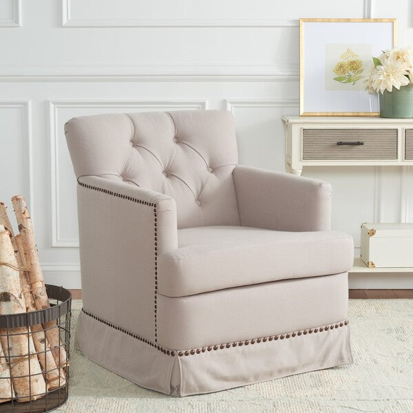 Millicent Swivel Accent Chair in Taupe with Brass Nail Heads