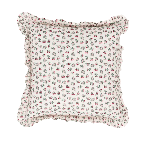 Mildred Floral Cream Ruffled Throw Pillow by Trudie — 20″ × 20″