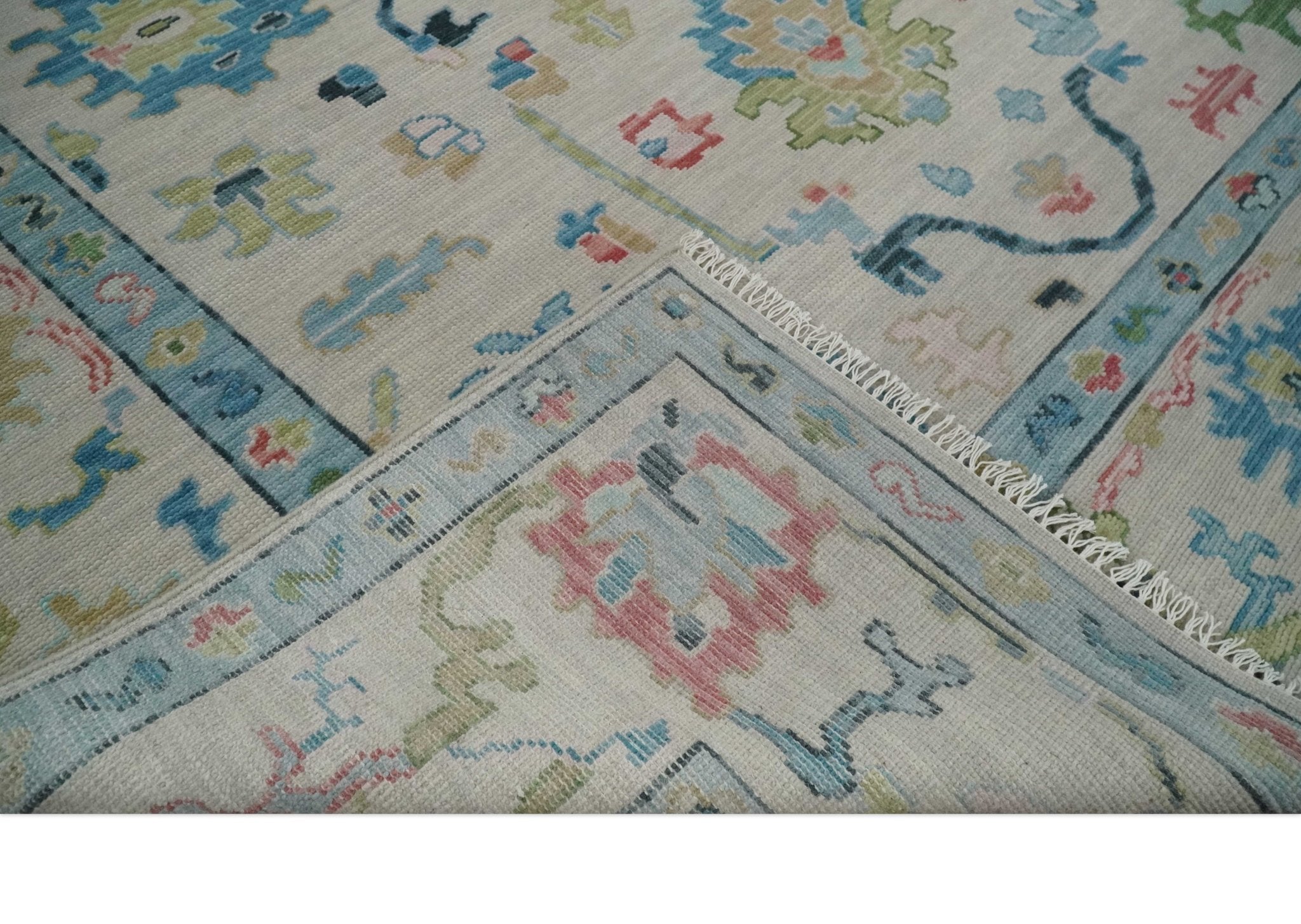Vibrant Colorful Ivory and Aqua Hand Knotted Traditional Oushak Multi Size Wool Area Rug, Living Room Rug