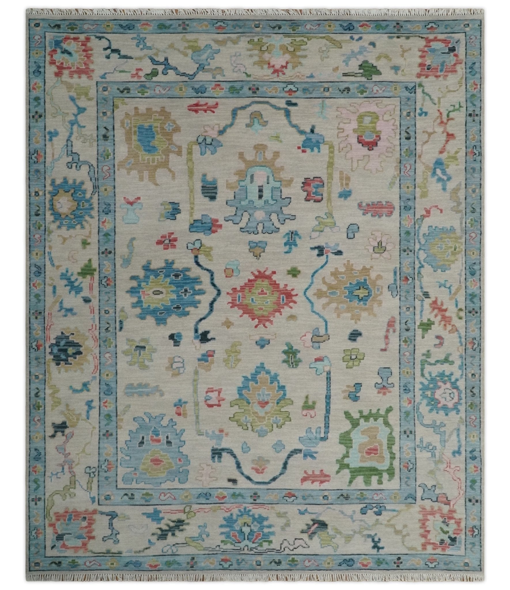 Vibrant Colorful Ivory and Aqua Hand Knotted Traditional Oushak Multi Size Wool Area Rug, Living Room Rug