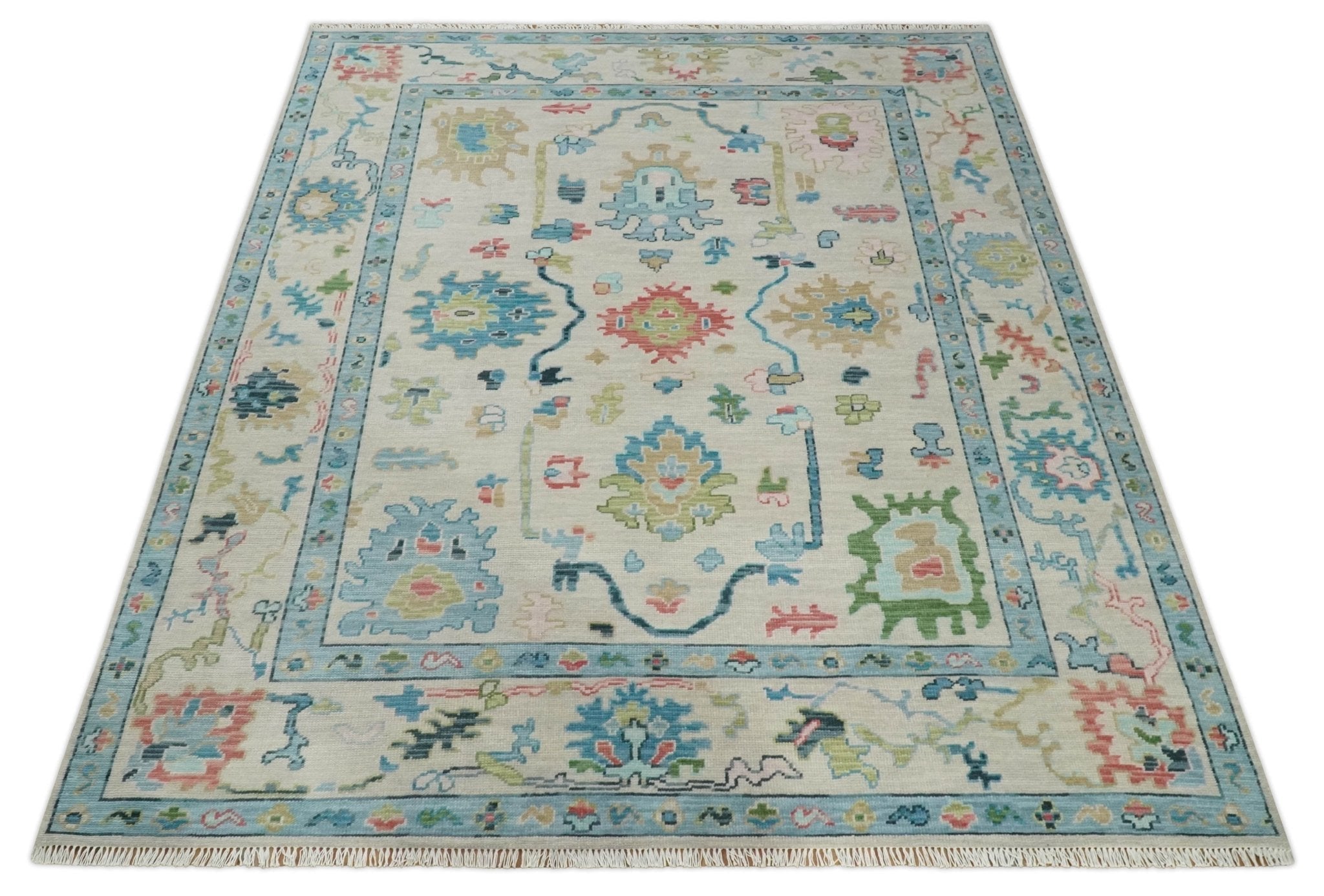 Vibrant Colorful Ivory and Aqua Hand Knotted Traditional Oushak Multi Size Wool Area Rug, Living Room Rug