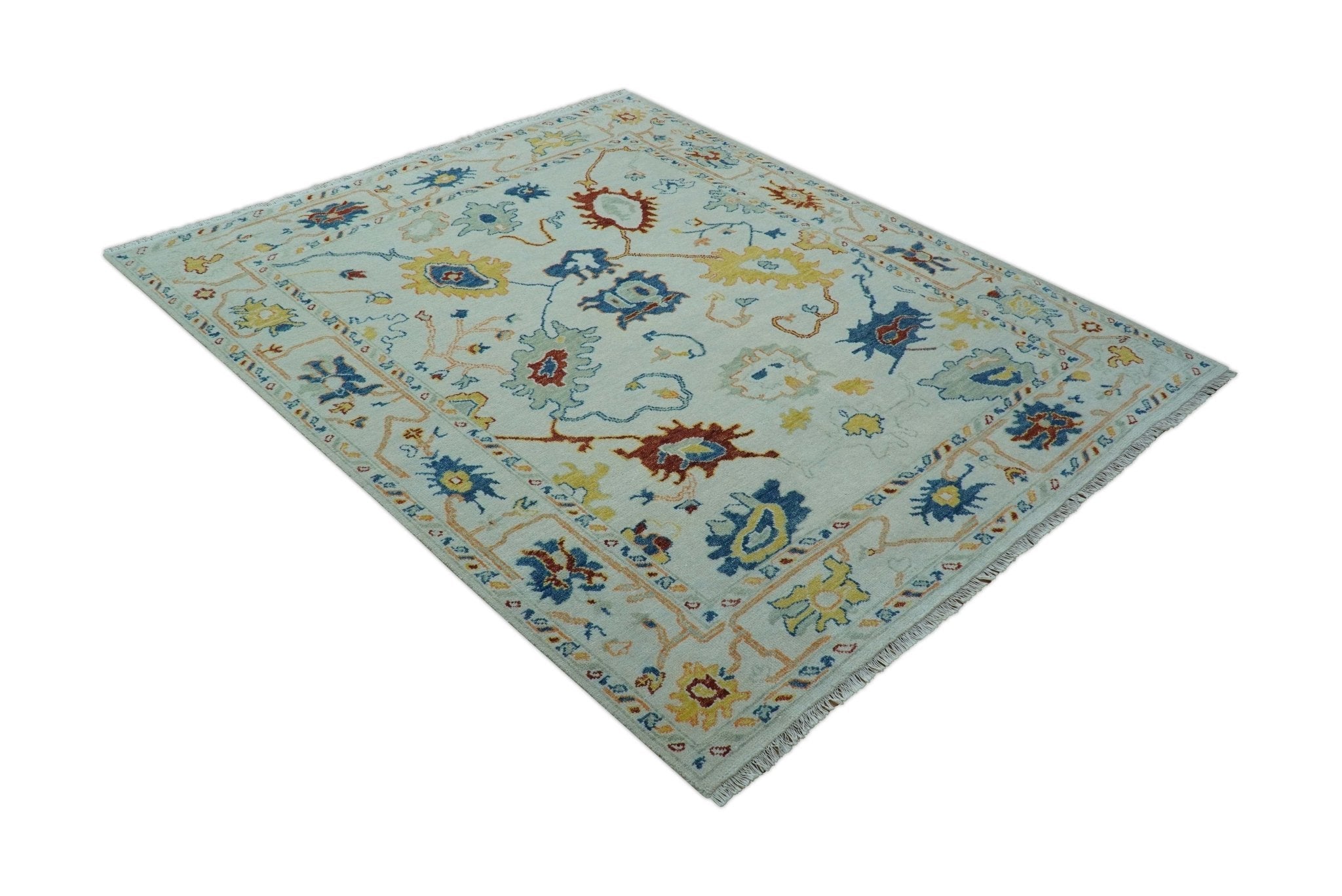 Modern Oushak Ivory And Blue Hand Knotted Wool Rug