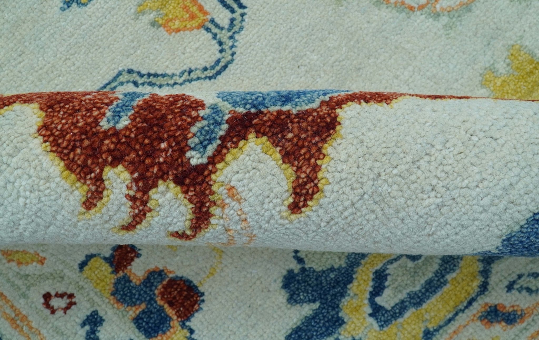 Modern Oushak Ivory And Blue Hand Knotted Wool Rug