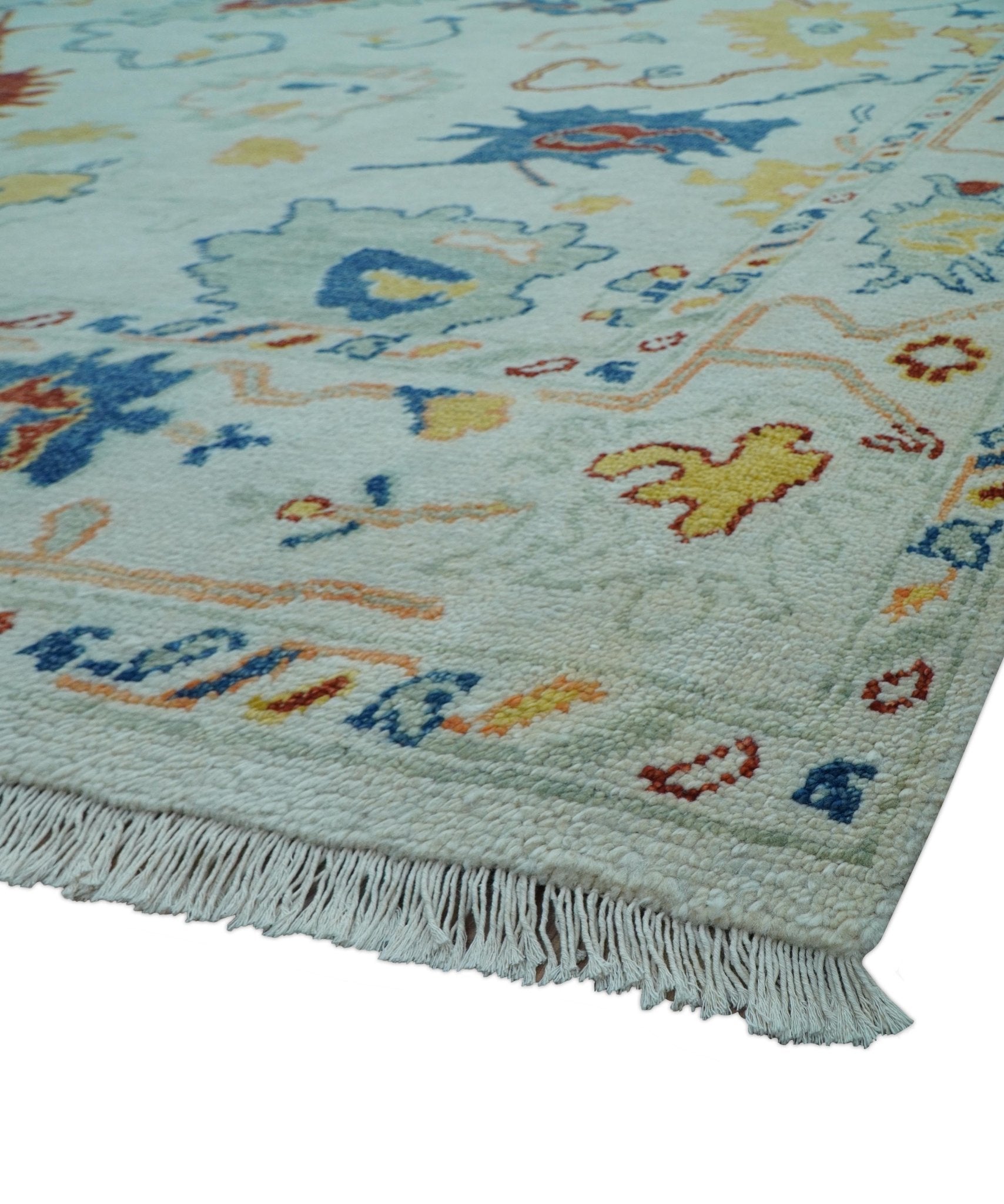 Modern Oushak Ivory And Blue Hand Knotted Wool Rug