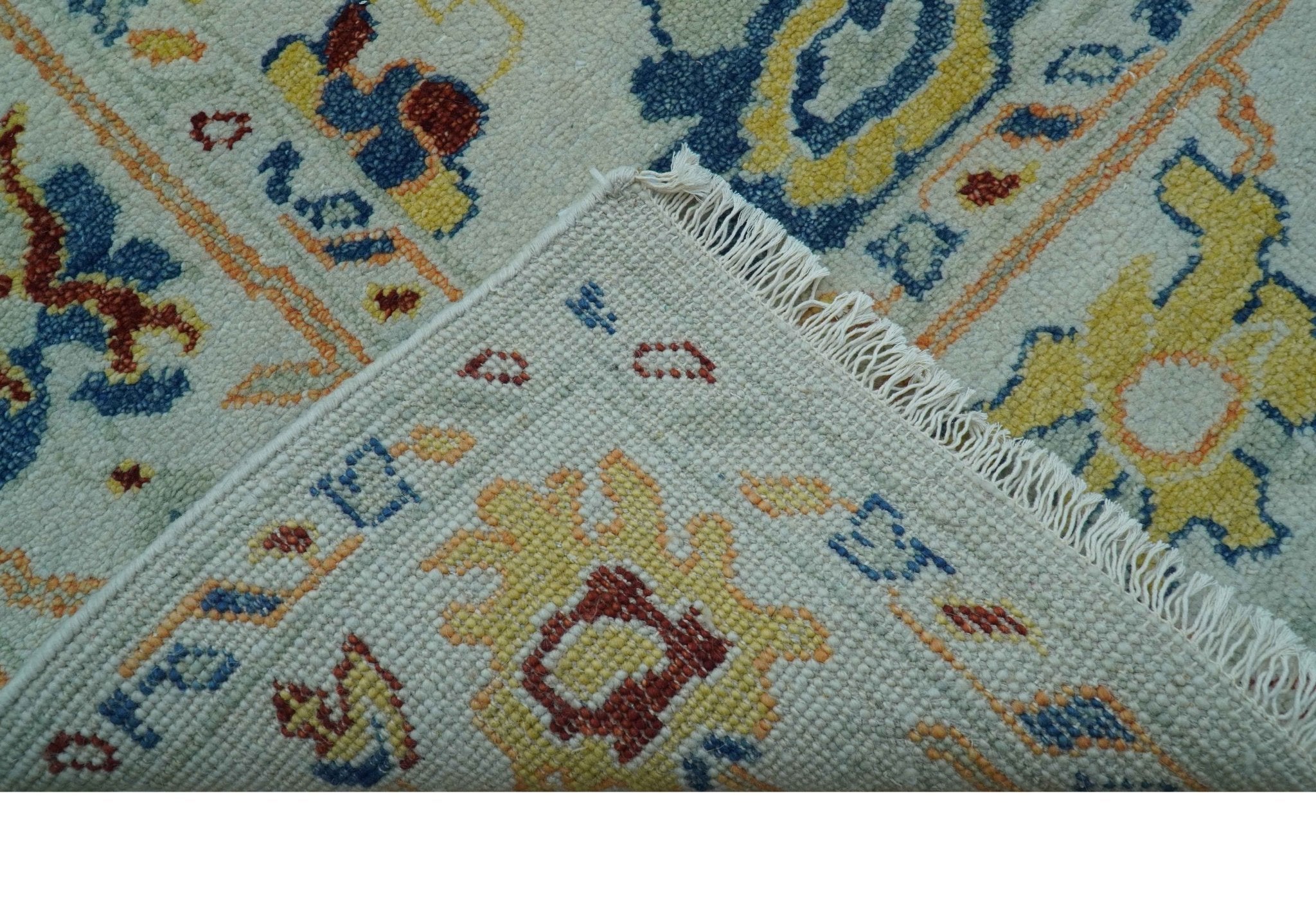 Modern Oushak Ivory And Blue Hand Knotted Wool Rug