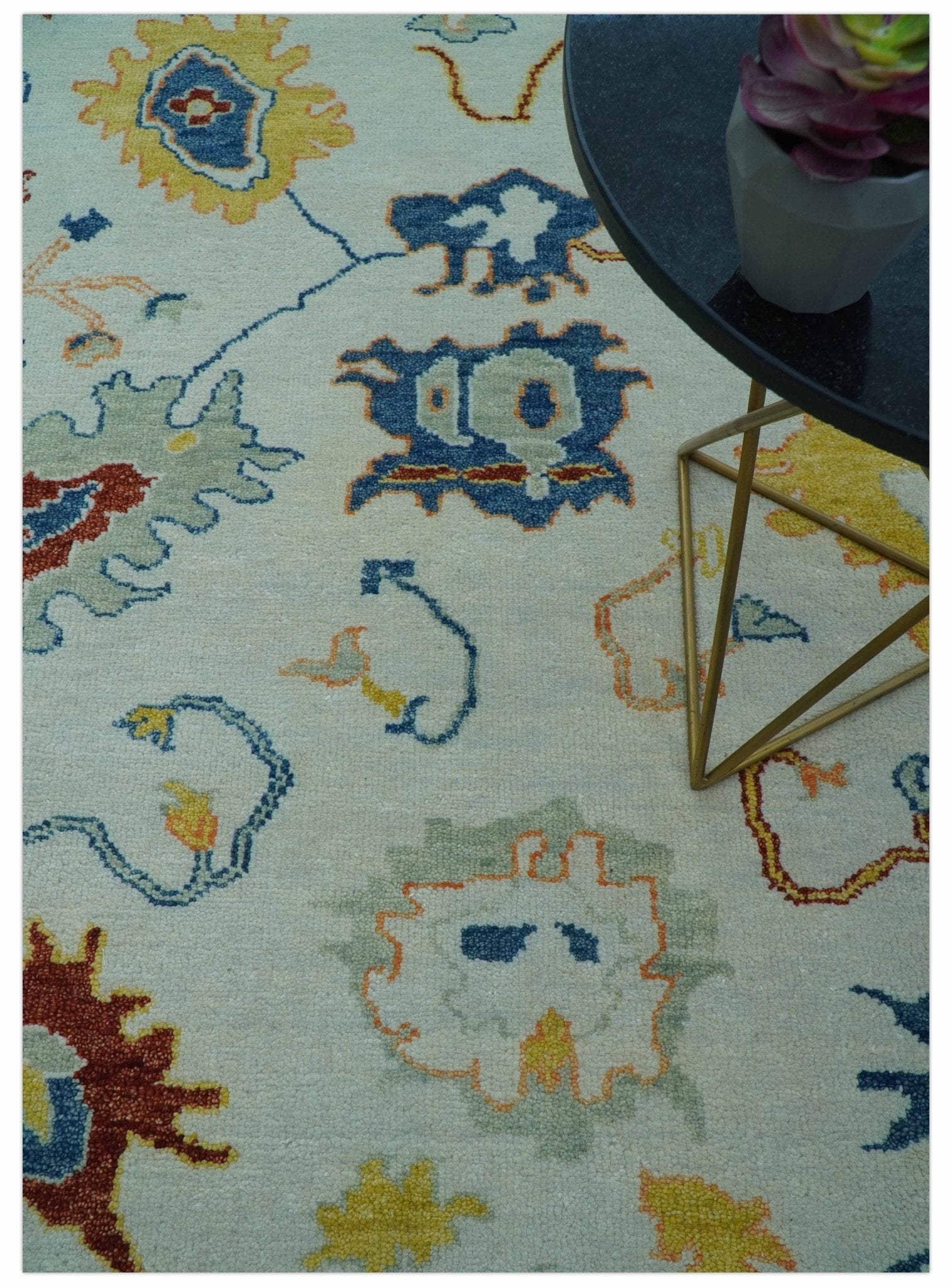 Modern Oushak Ivory And Blue Hand Knotted Wool Rug