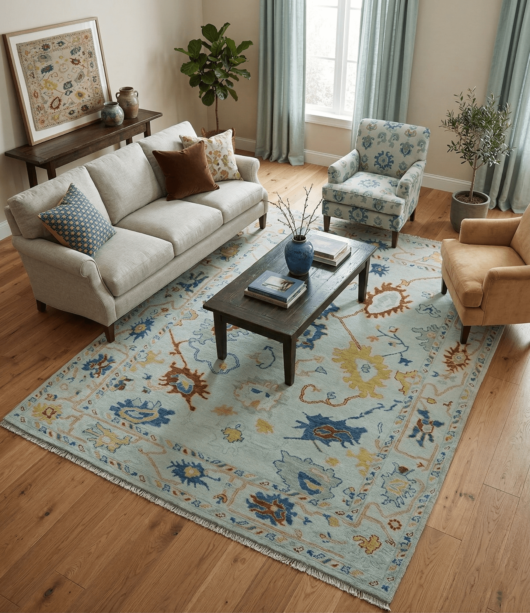 Modern Oushak Ivory And Blue Hand Knotted Wool Rug