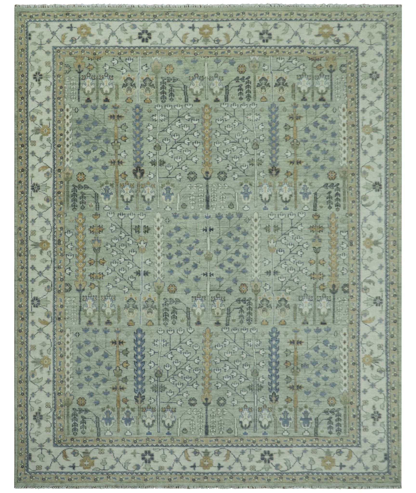 Moss Green and Ivory Multi Size Vintage Wool Hand Knotted Rug - The Rug Decor