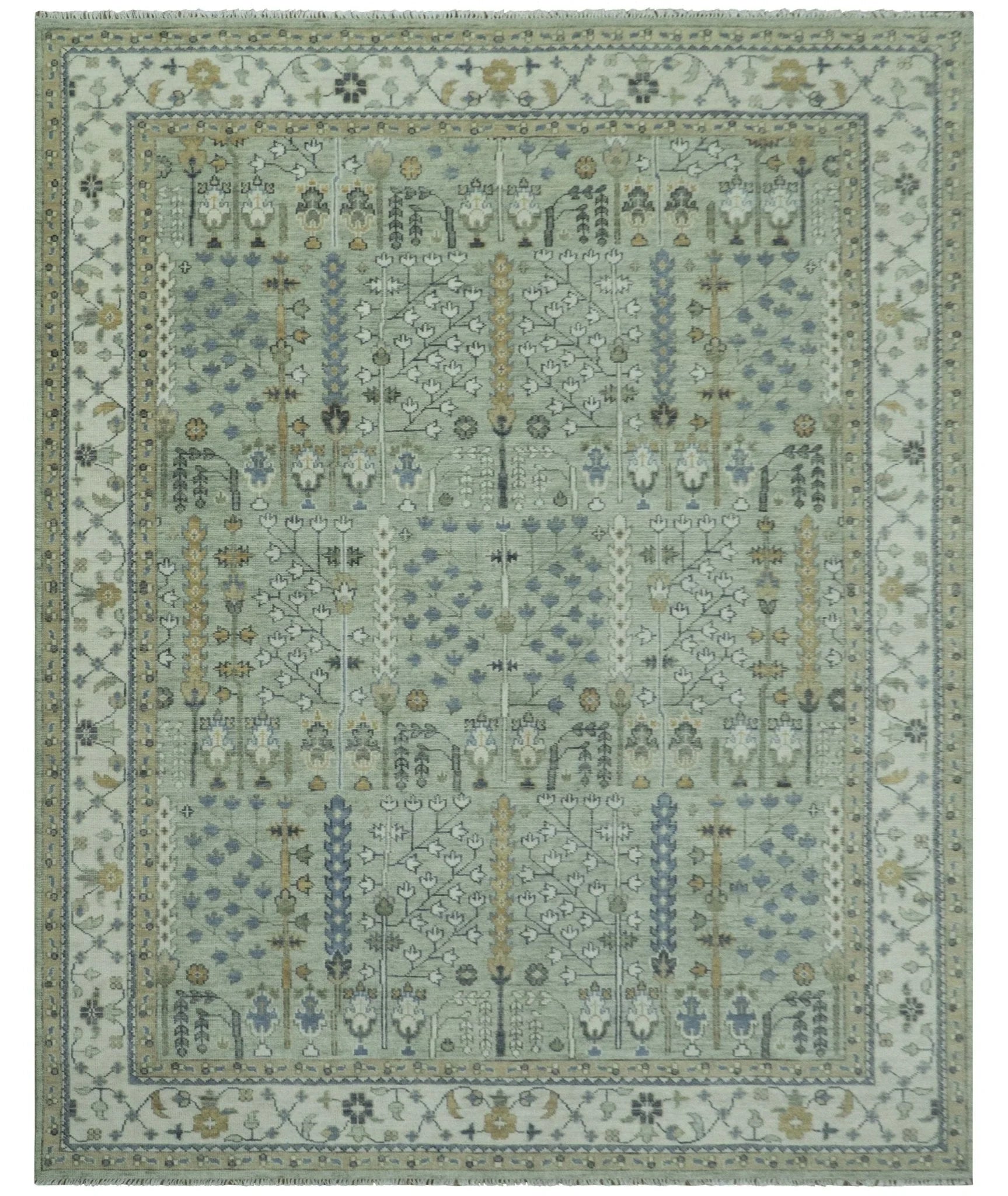 Moss Green and Ivory Multi Size Vintage Wool Hand Knotted Rug - The Rug Decor