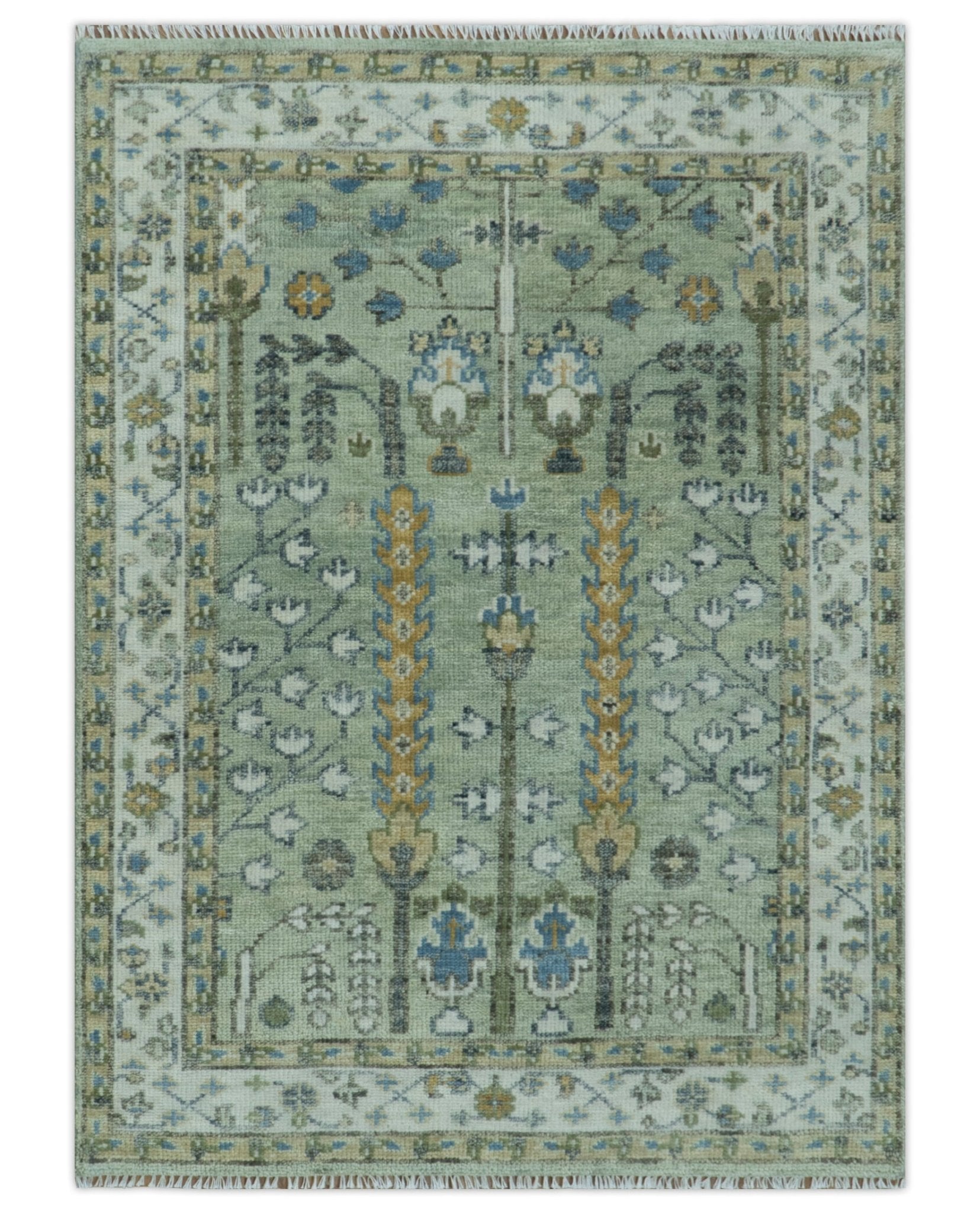 Moss Green and Ivory Multi Size Vintage Wool Hand Knotted Rug - The Rug Decor