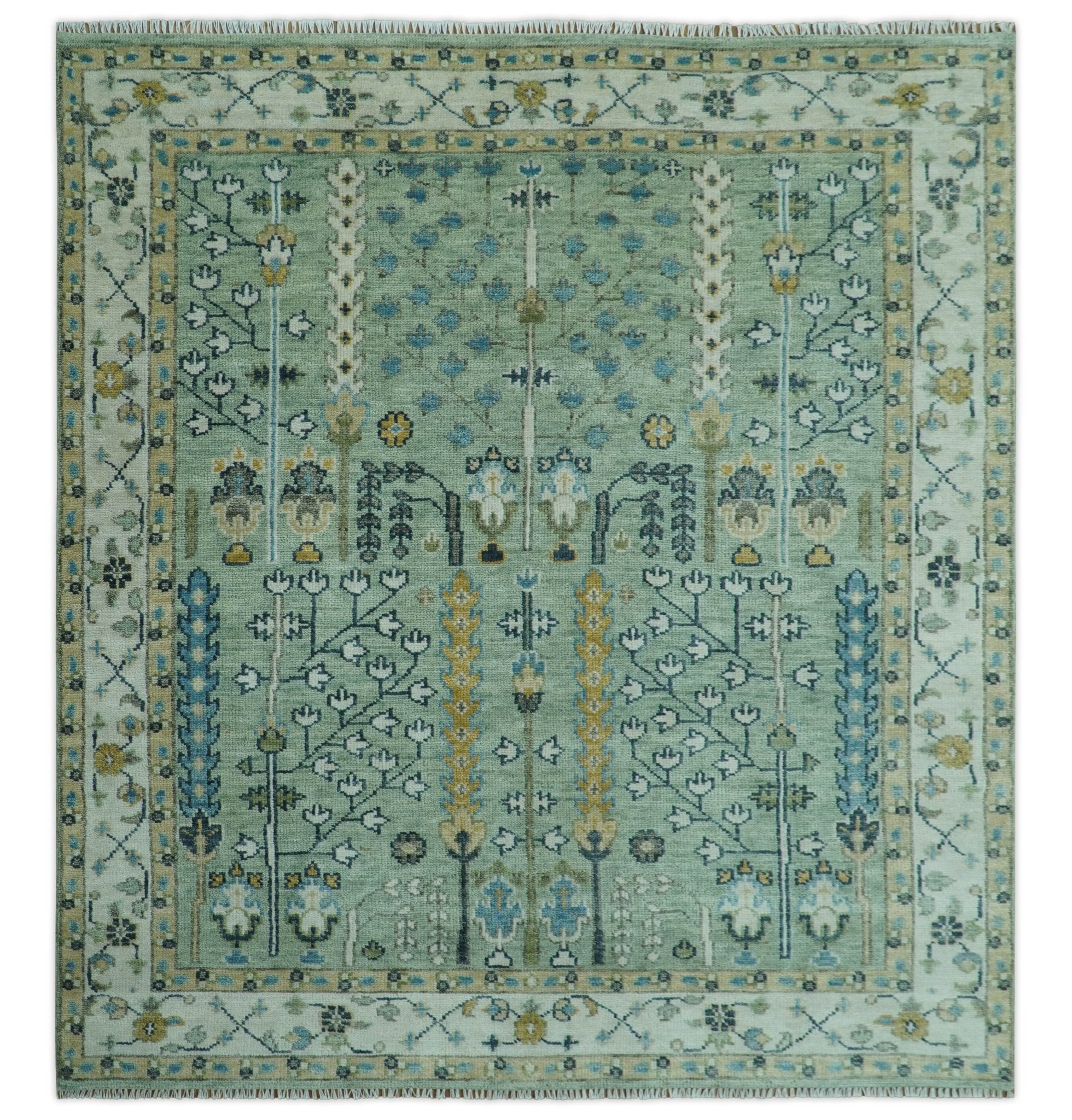 Moss Green and Ivory Multi Size Vintage Wool Hand Knotted Rug - The Rug Decor