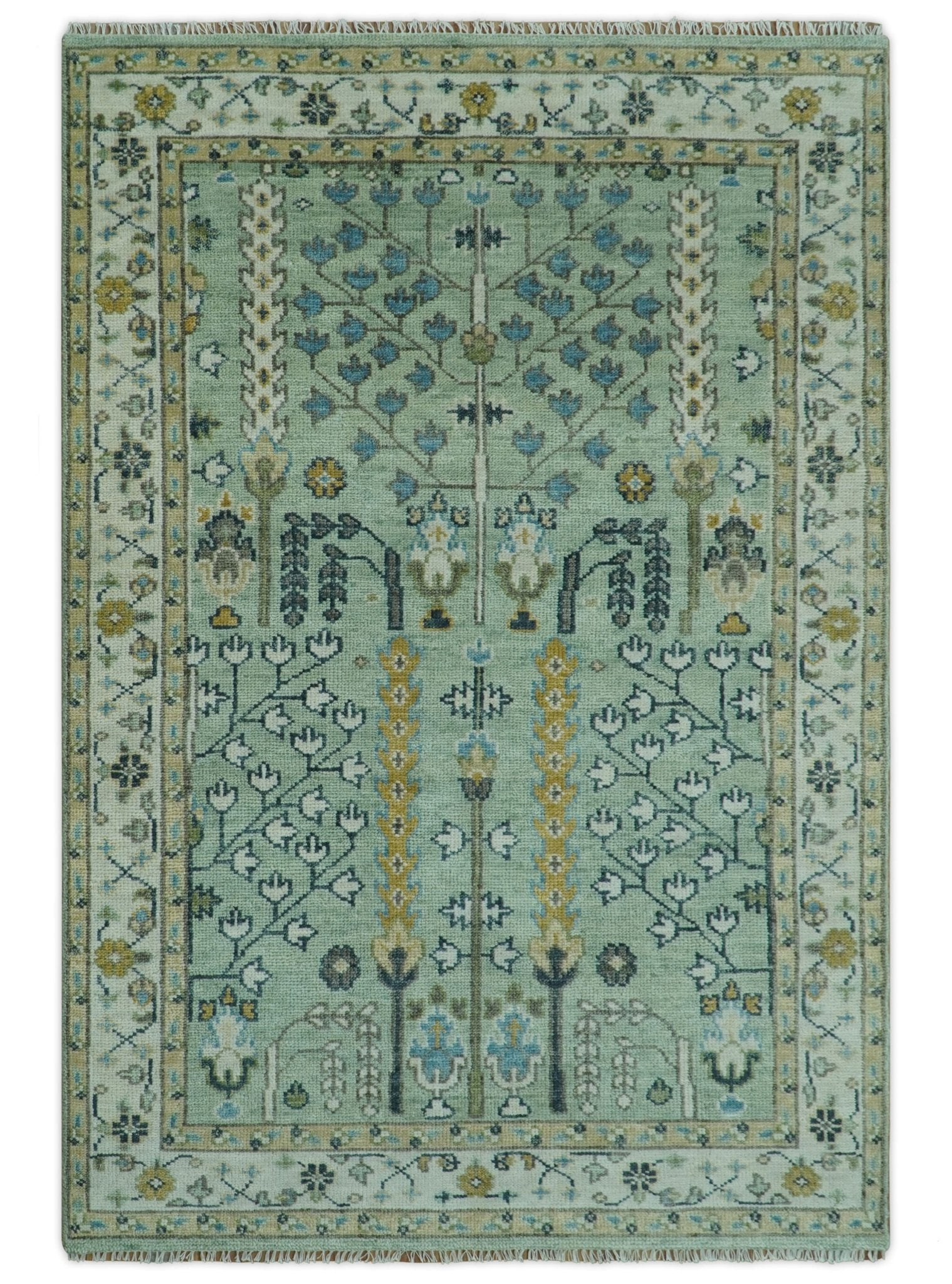 Moss Green and Ivory Multi Size Vintage Wool Hand Knotted Rug - The Rug Decor