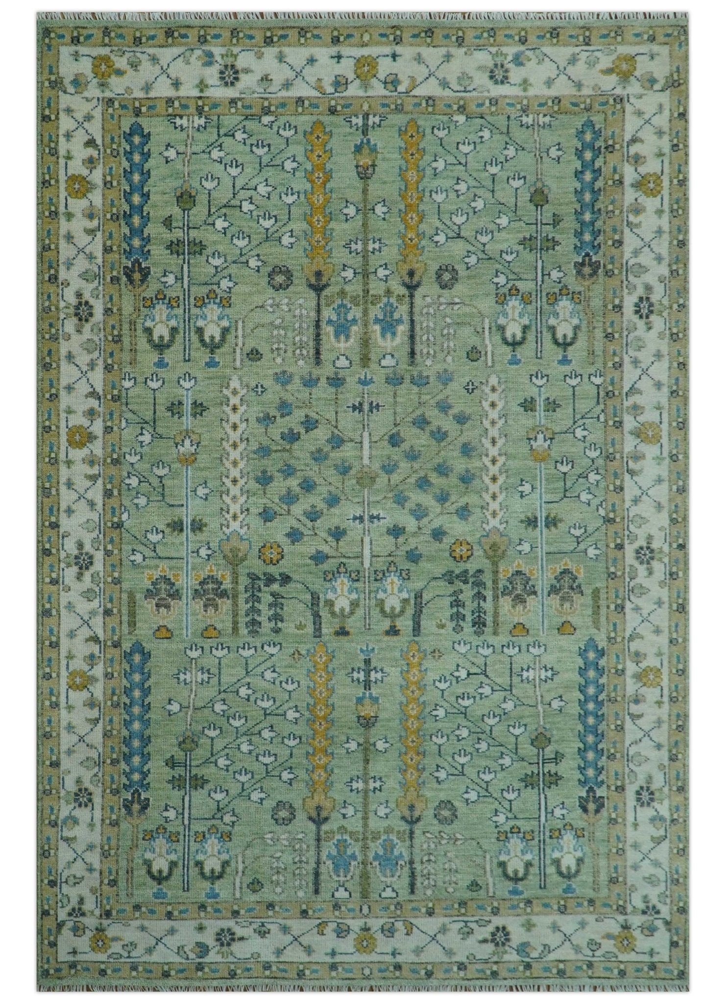 Moss Green and Ivory Multi Size Vintage Wool Hand Knotted Rug - The Rug Decor