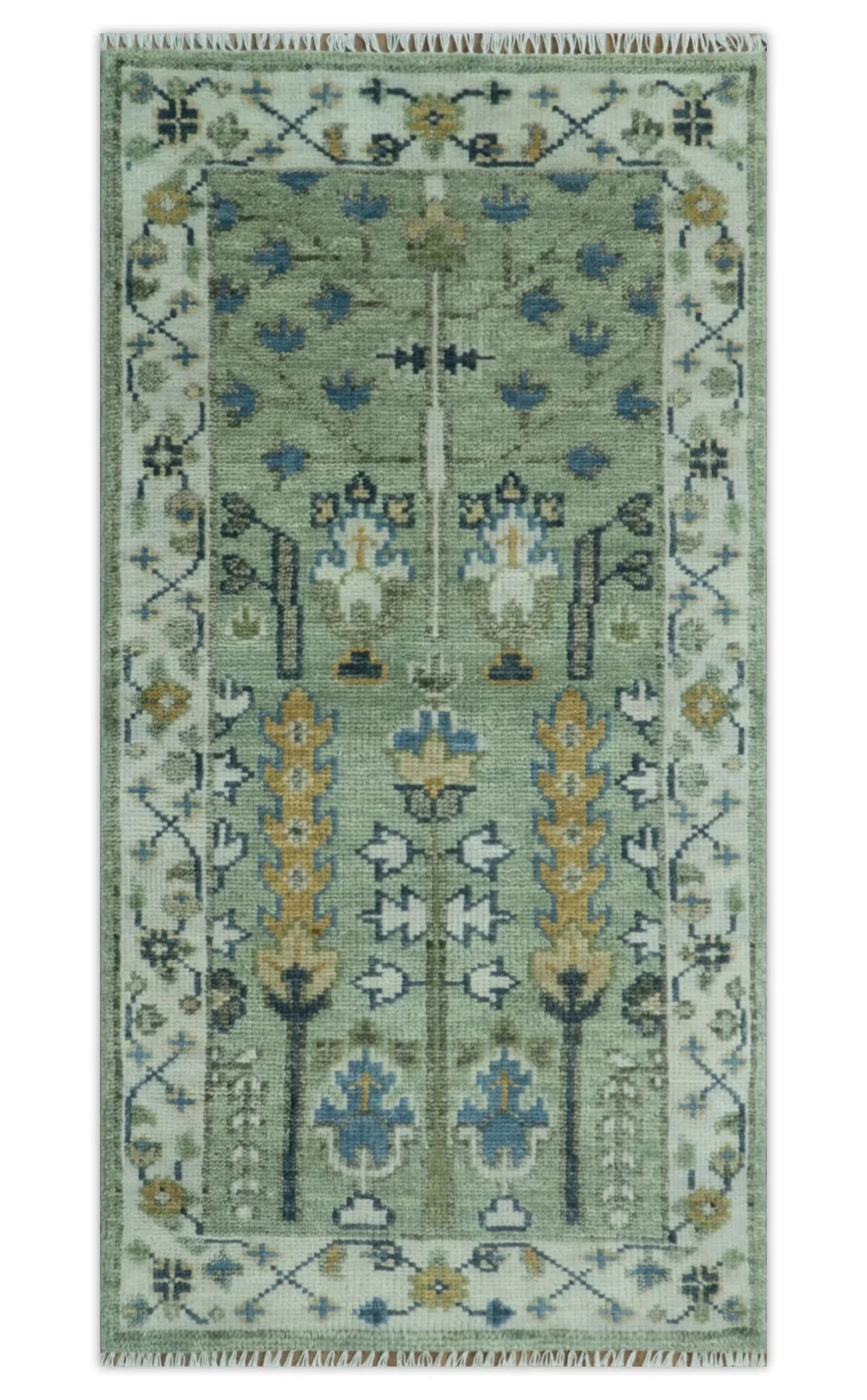 Moss Green and Ivory Multi Size Vintage Wool Hand Knotted Rug - The Rug Decor