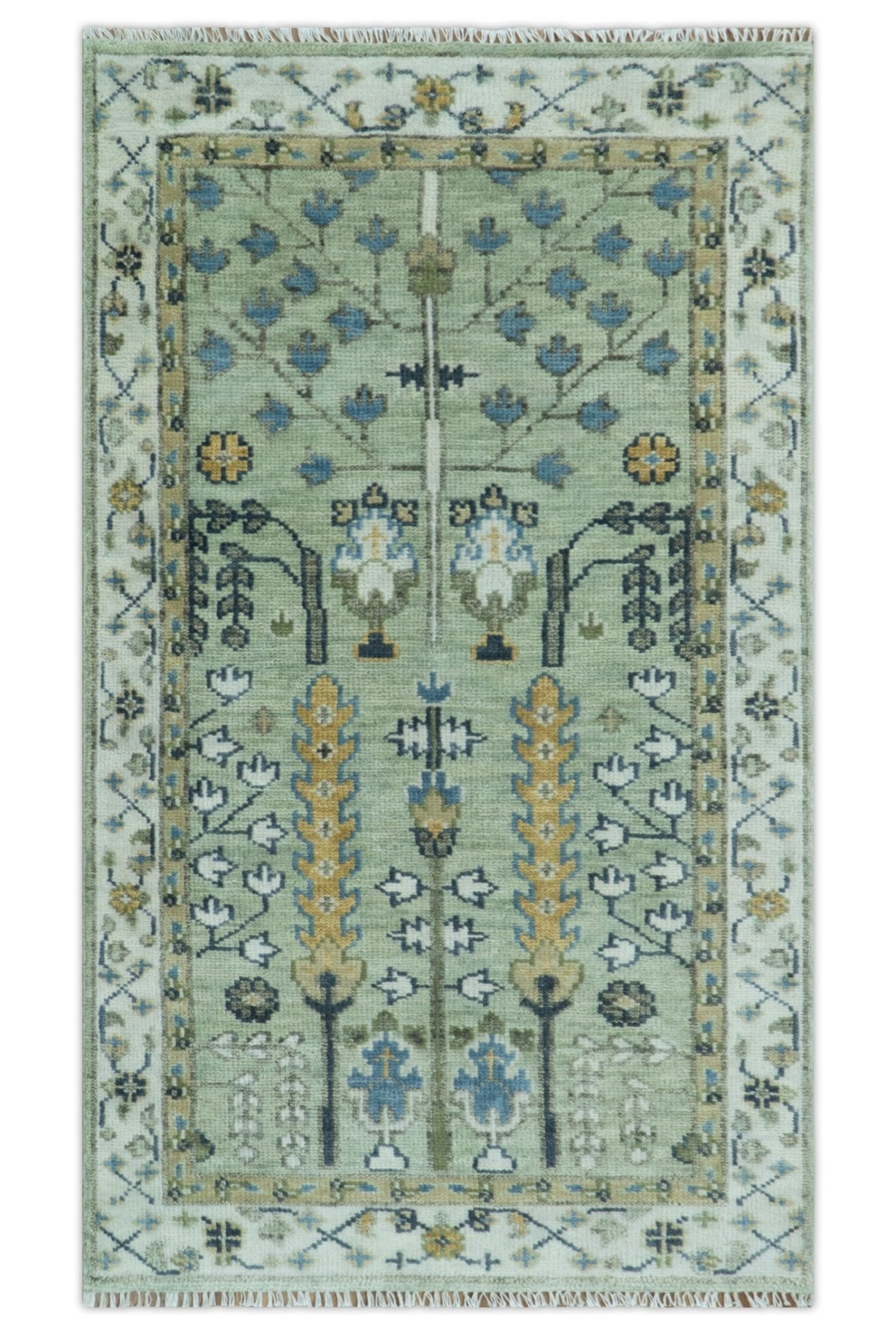 Moss Green and Ivory Multi Size Vintage Wool Hand Knotted Rug - The Rug Decor