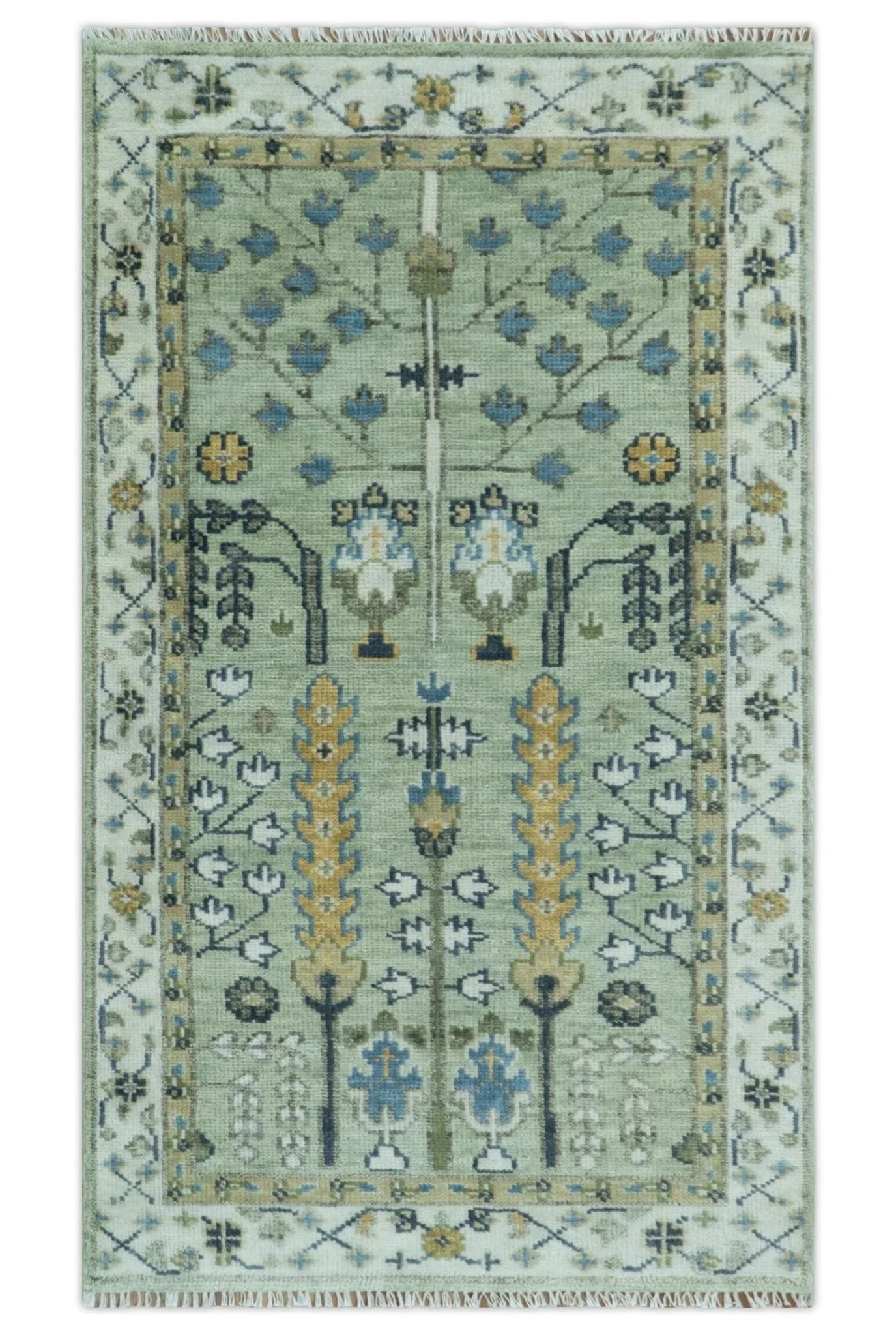 Moss Green and Ivory Multi Size Vintage Wool Hand Knotted Rug - The Rug Decor