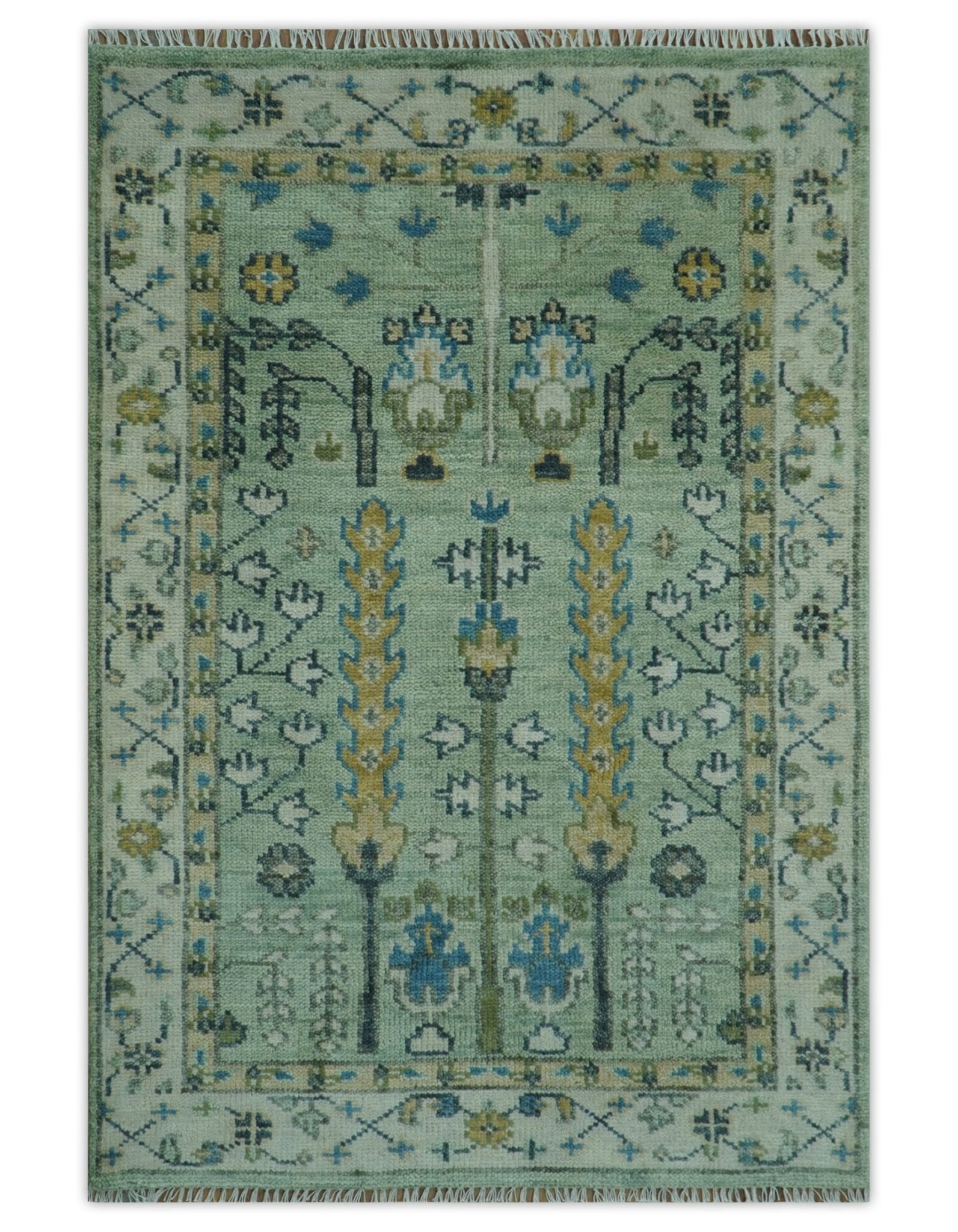 Moss Green and Ivory Multi Size Vintage Wool Hand Knotted Rug - The Rug Decor