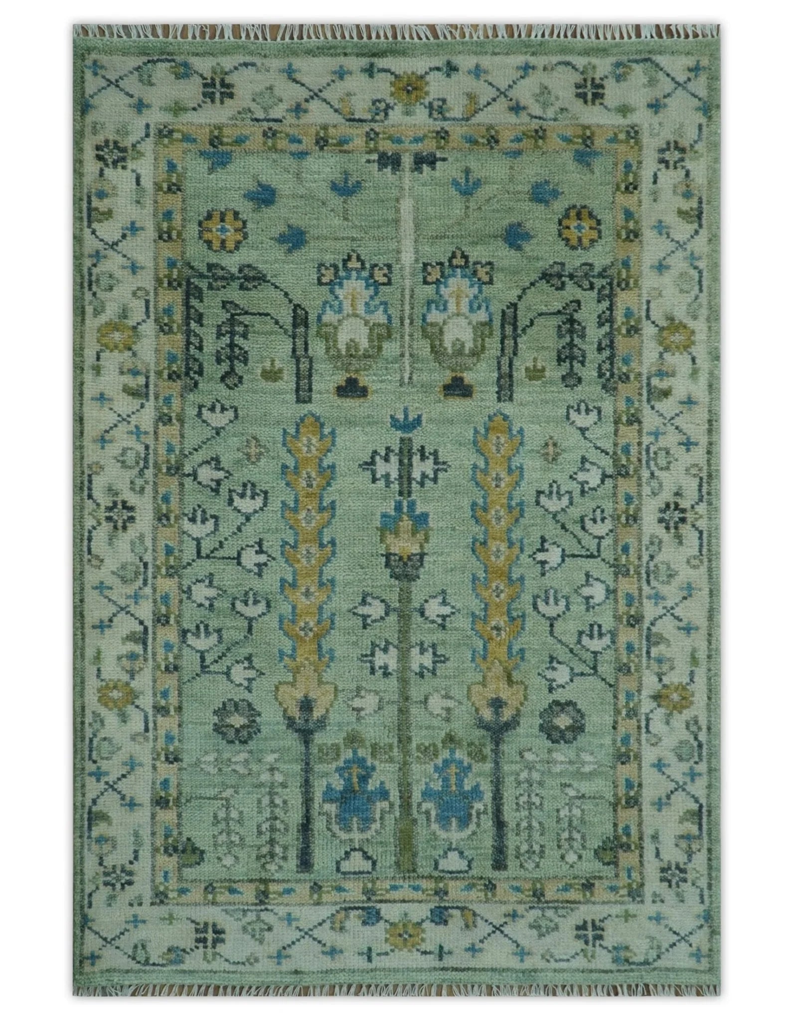 Moss Green and Ivory Multi Size Vintage Wool Hand Knotted Rug - The Rug Decor