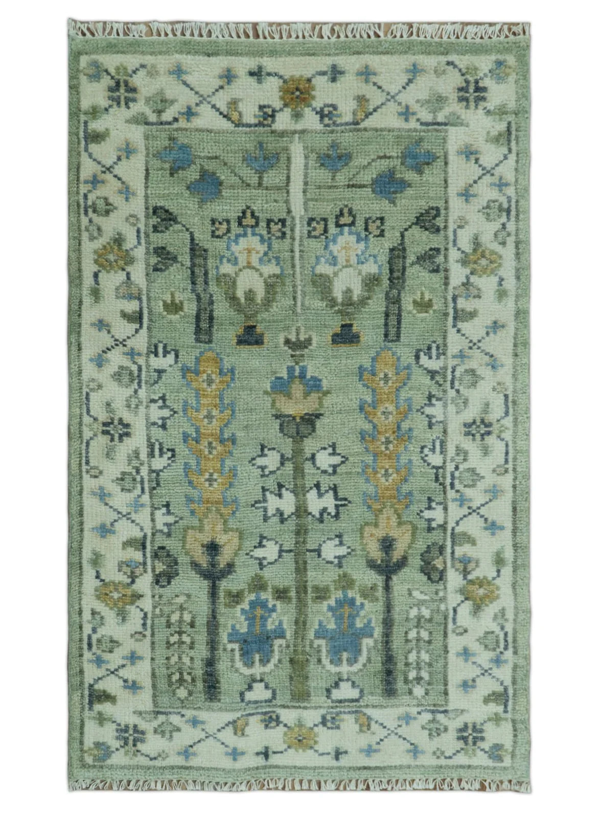 Moss Green and Ivory Multi Size Vintage Wool Hand Knotted Rug - The Rug Decor
