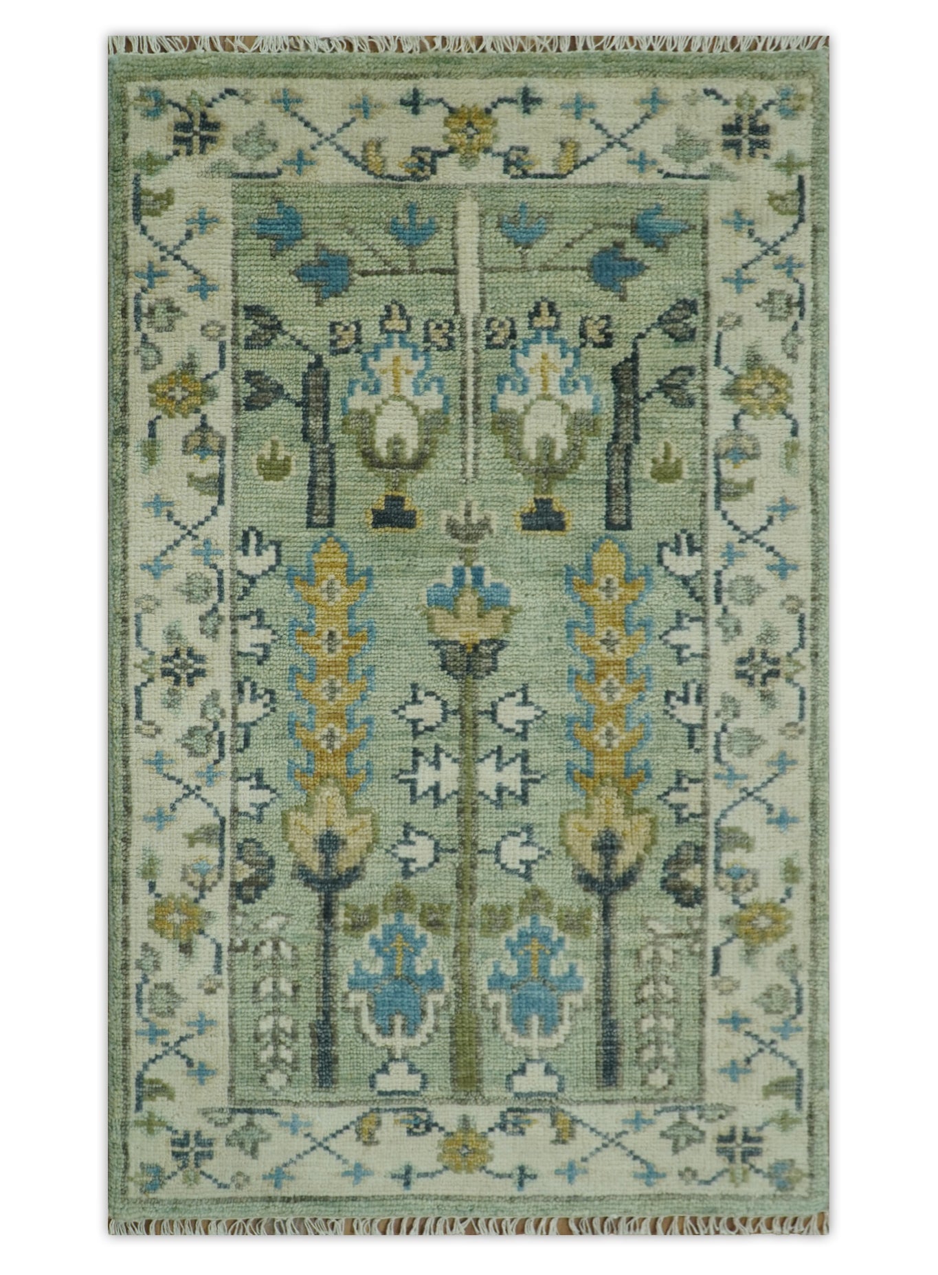 Moss Green and Ivory Multi Size Vintage Wool Hand Knotted Rug - The Rug Decor