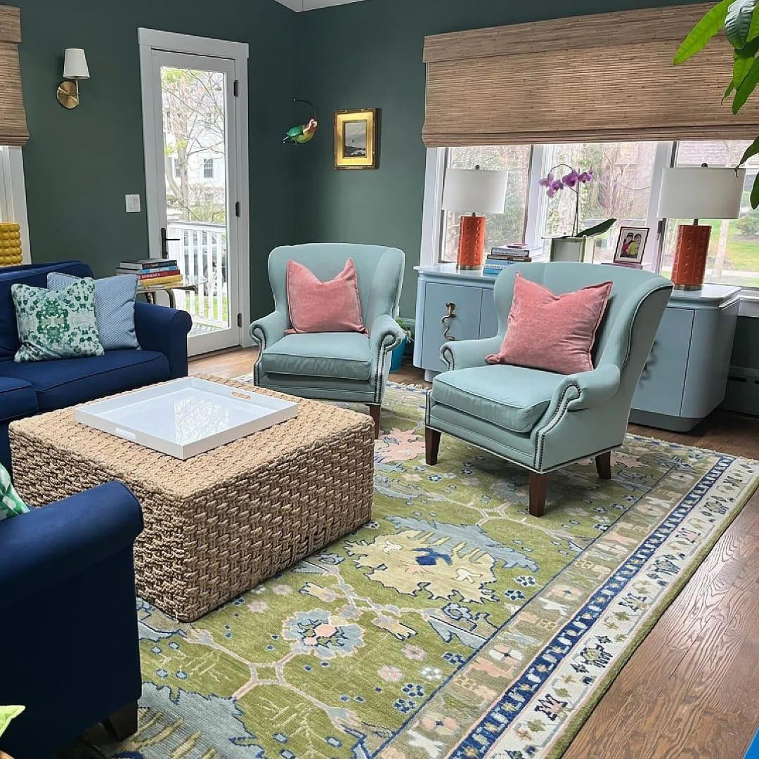 Multi size Moss Green, Blue, and Peach Hand Knotted Vibrant colorful Donegal Wool Rug