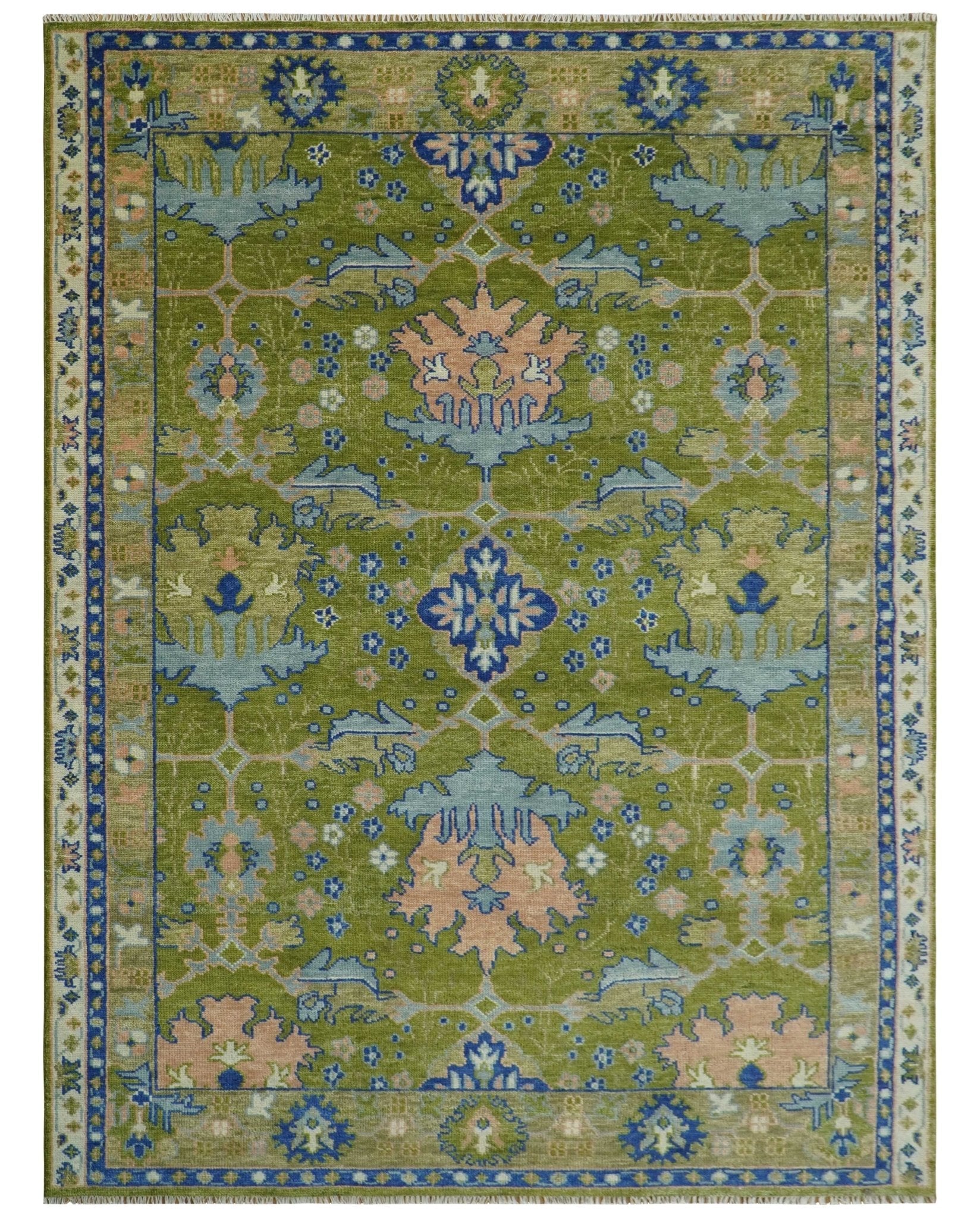 Multi size Moss Green, Blue and Peach Hand Knotted Vibrant colorful Donegal Wool Rug