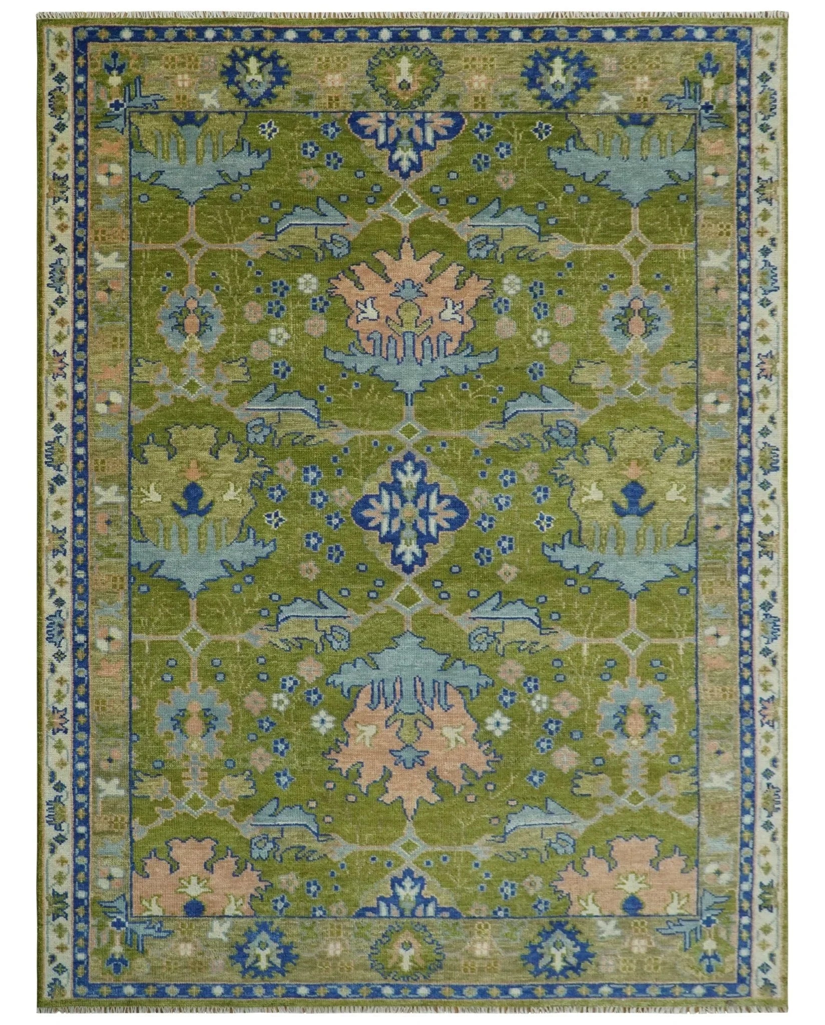 Multi size Moss Green, Blue, and Peach Hand Knotted Vibrant colorful Donegal Wool Rug