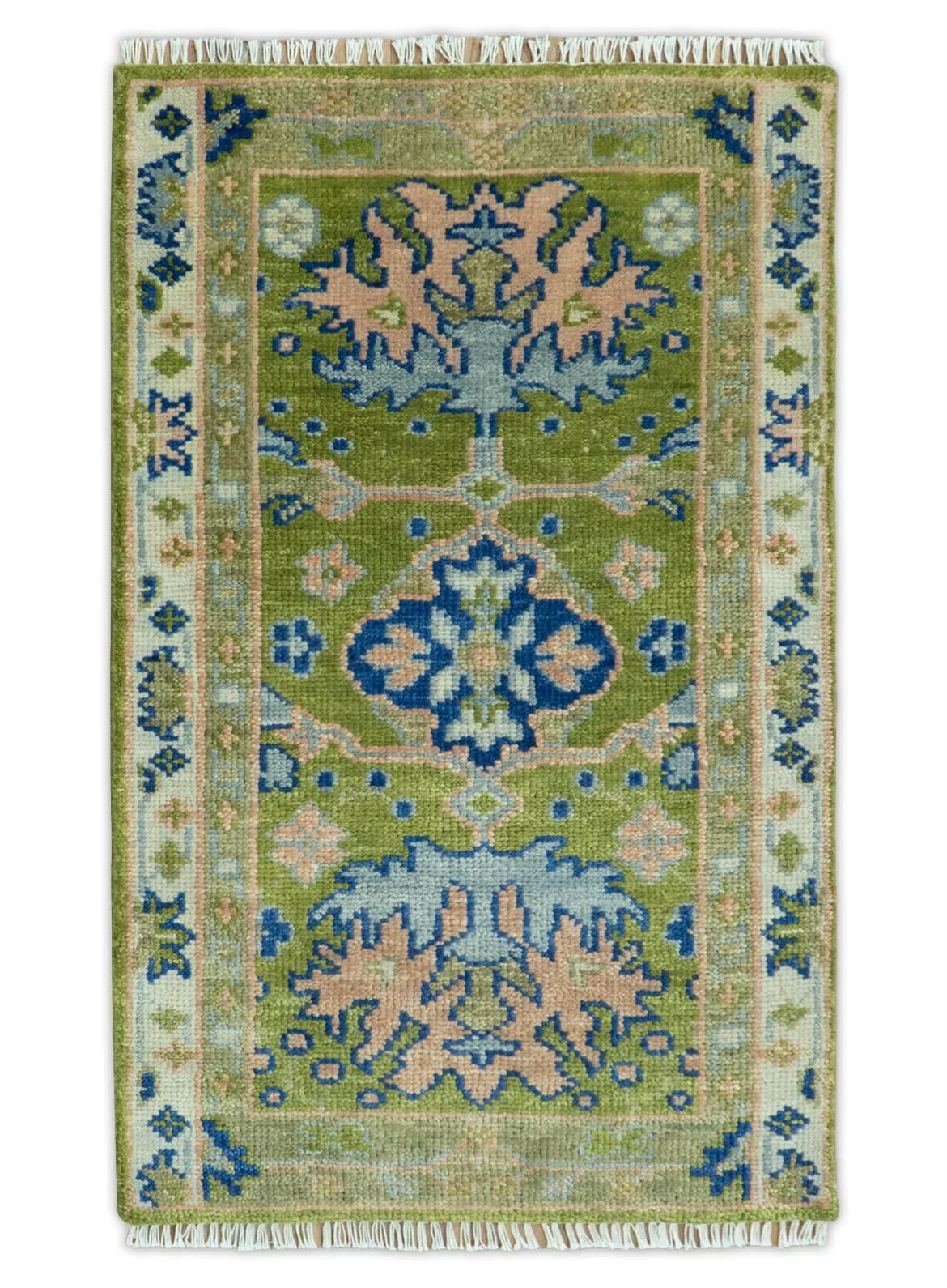 Multi size Moss Green, Blue and Peach Hand Knotted Vibrant colorful Donegal Wool Rug - The Mayfair Hall