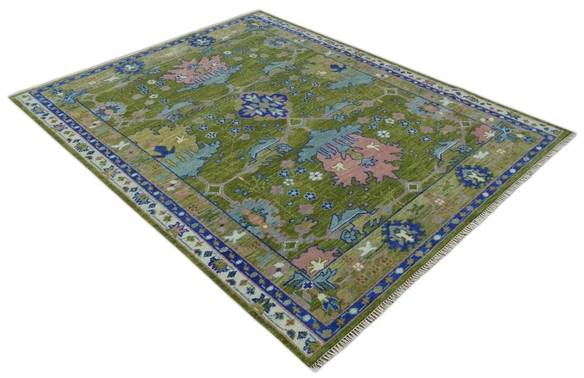 Multi size Moss Green, Blue and Peach Hand Knotted Vibrant colorful Donegal Wool Rug - The Mayfair Hall