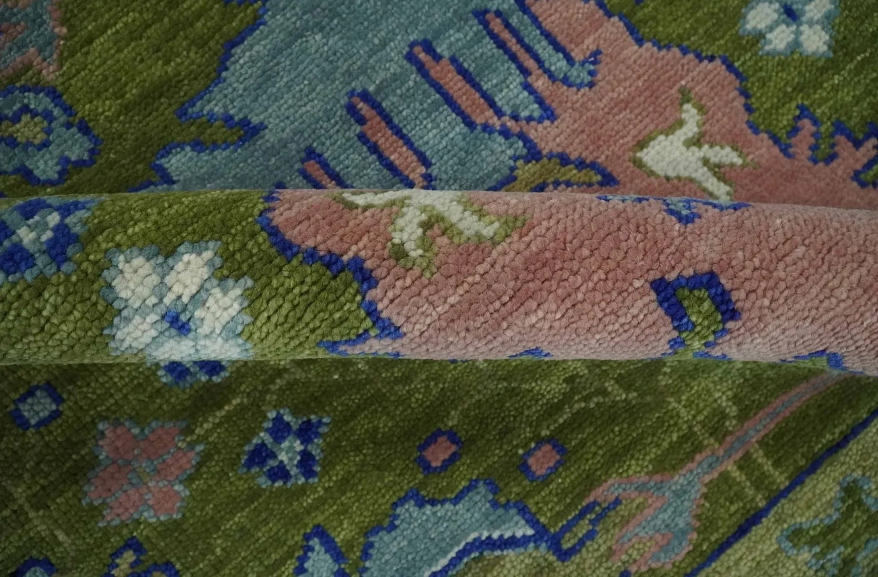 Multi size Moss Green, Blue, and Peach Hand Knotted Vibrant colorful Donegal Wool Rug