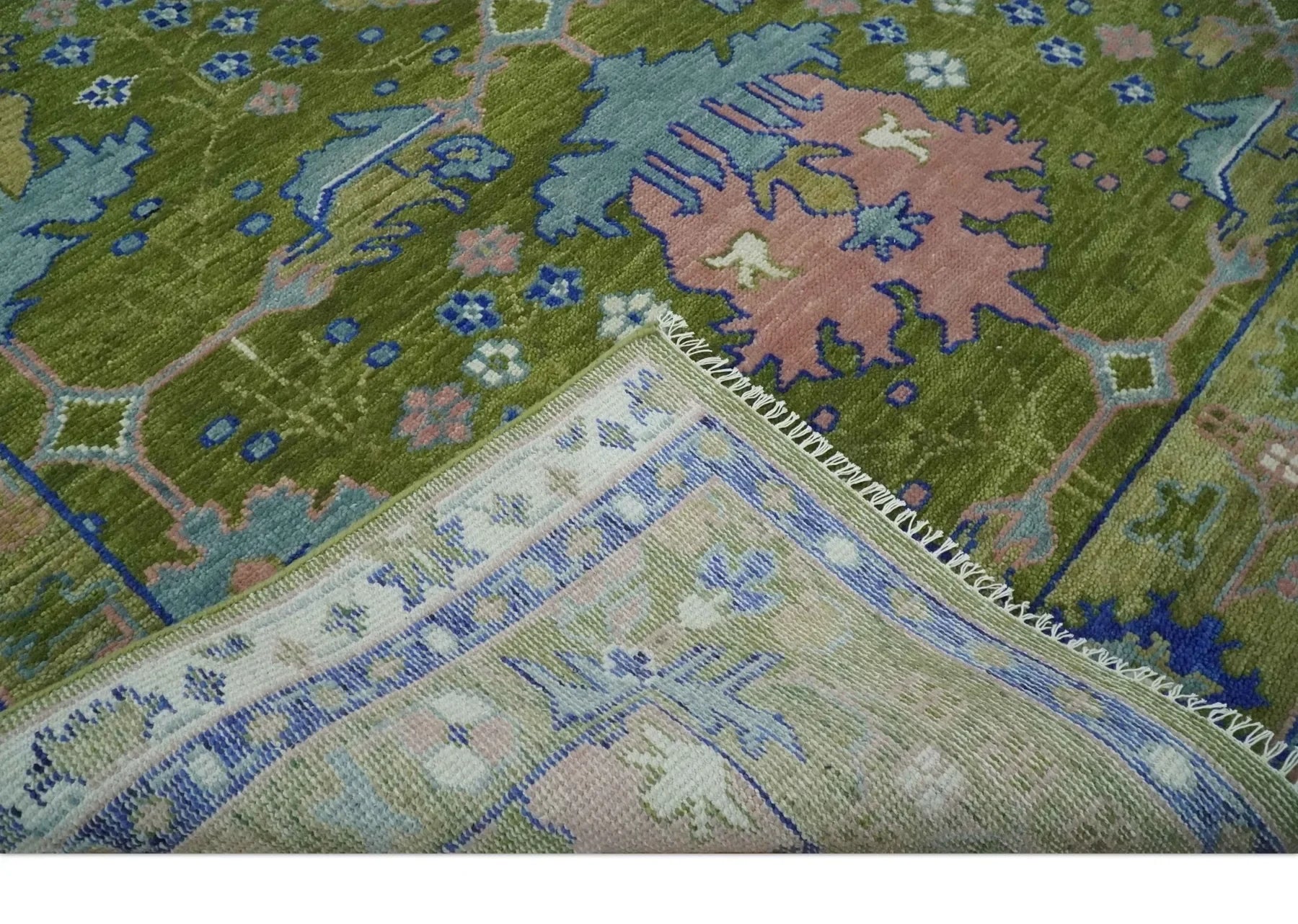 Multi size Moss Green, Blue, and Peach Hand Knotted Vibrant colorful Donegal Wool Rug