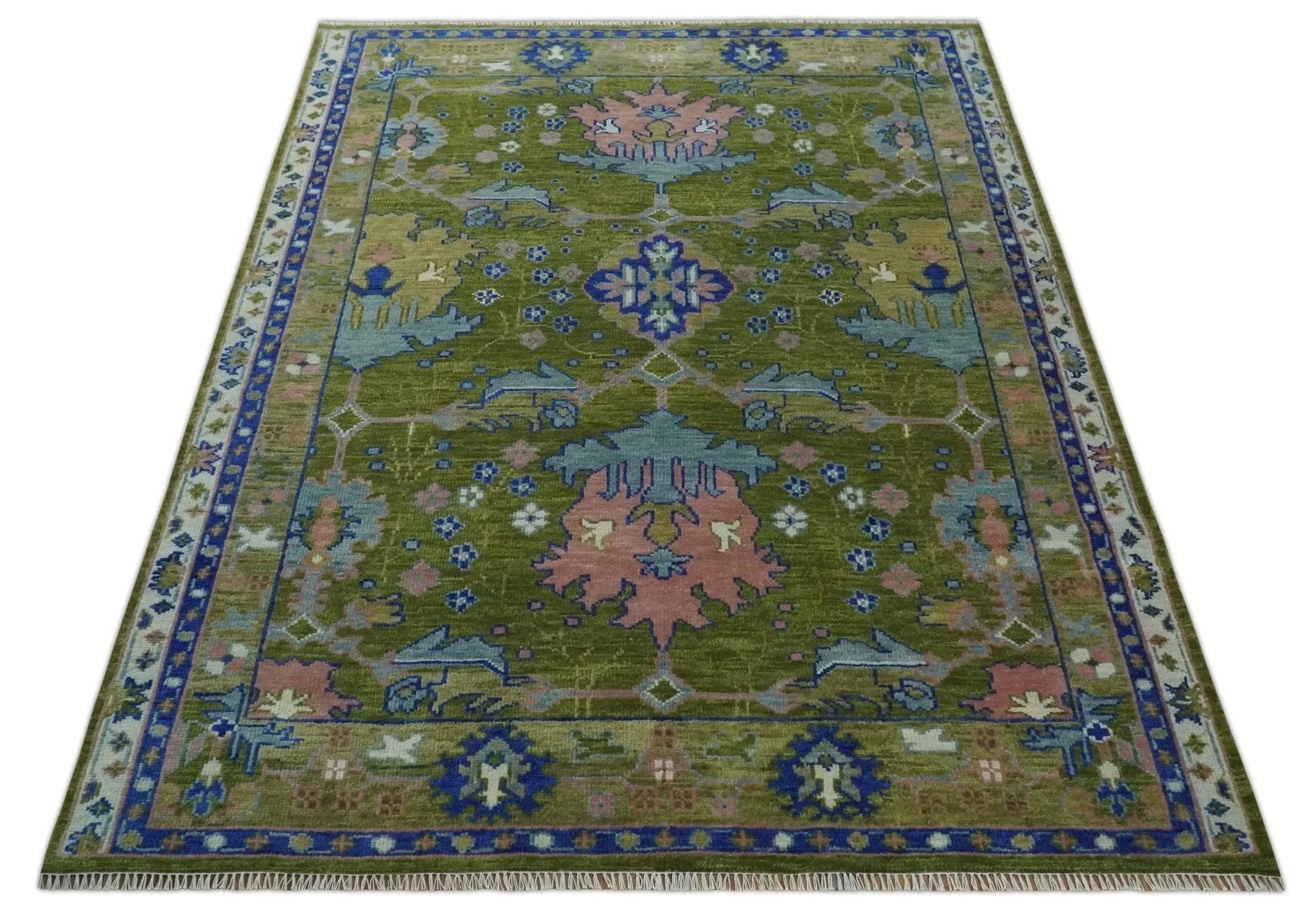 Multi size Moss Green, Blue and Peach Hand Knotted Vibrant colorful Donegal Wool Rug - The Mayfair Hall