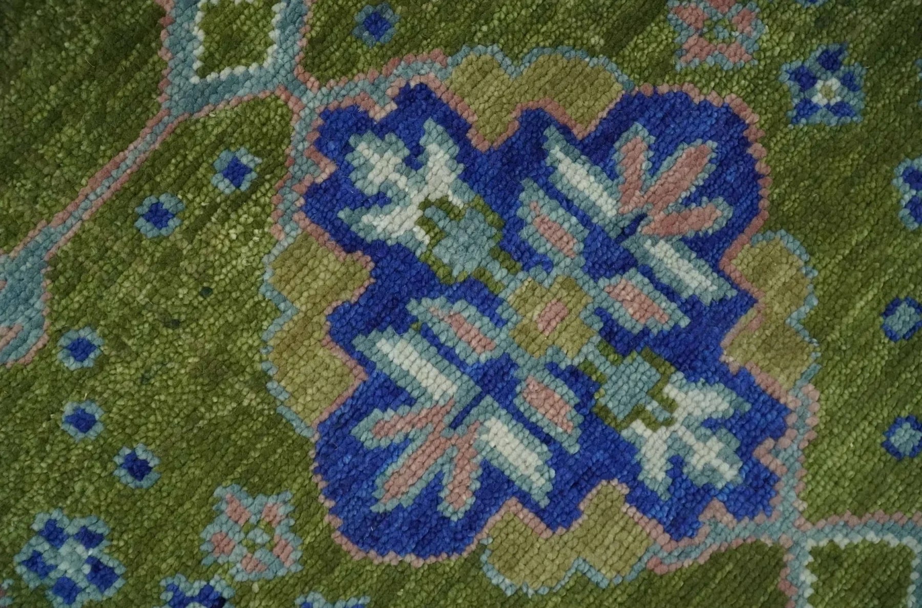 Multi size Moss Green, Blue, and Peach Hand Knotted Vibrant colorful Donegal Wool Rug