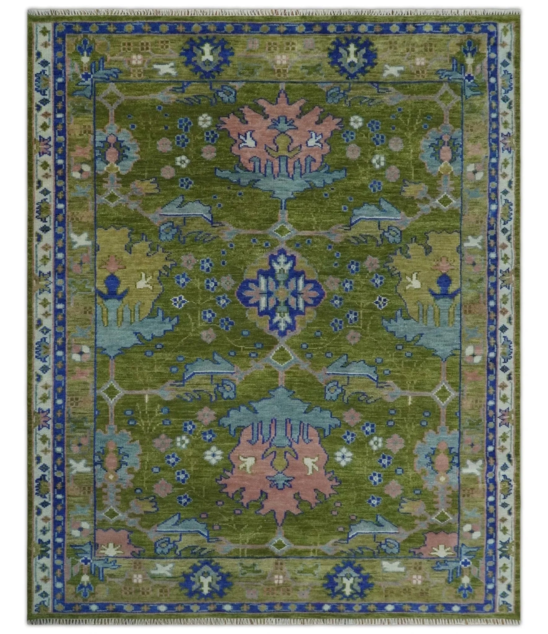 Multi size Moss Green, Blue and Peach Hand Knotted Vibrant colorful Donegal Wool Rug - The Mayfair Hall