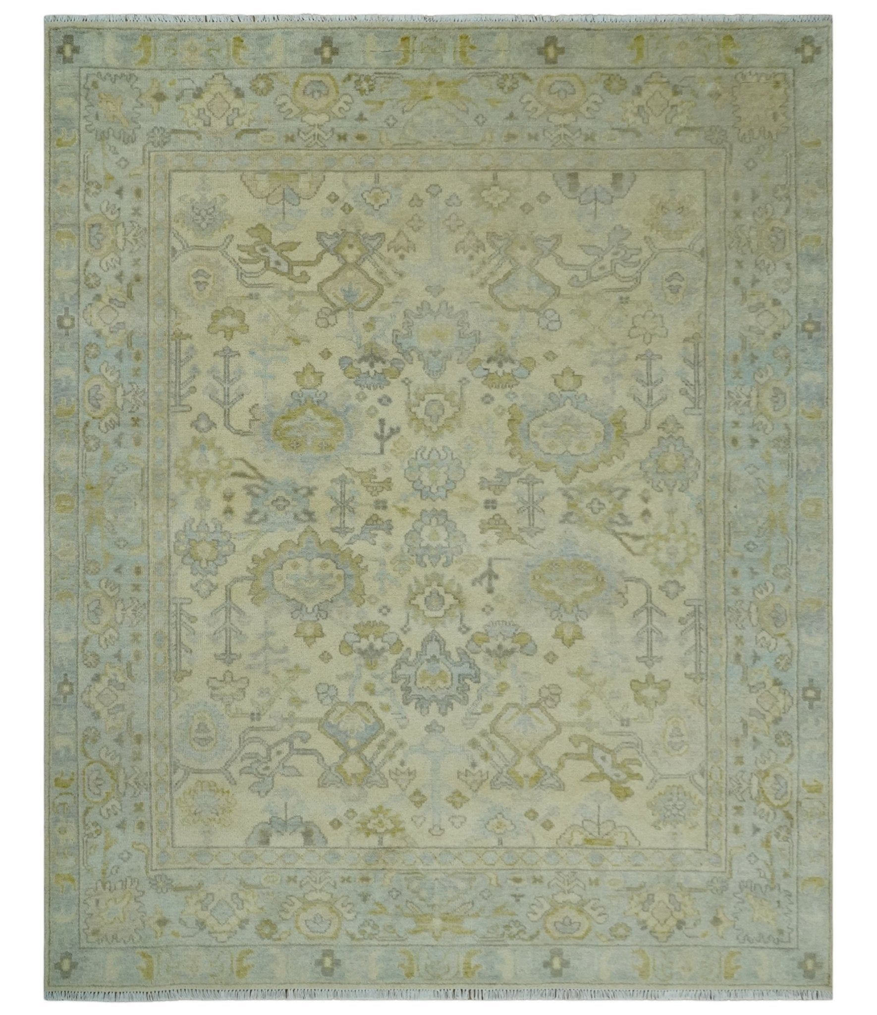 Neutral Beige and silver 8x10 Traditional Antique Finish Hand knotted Wool Area Rug
