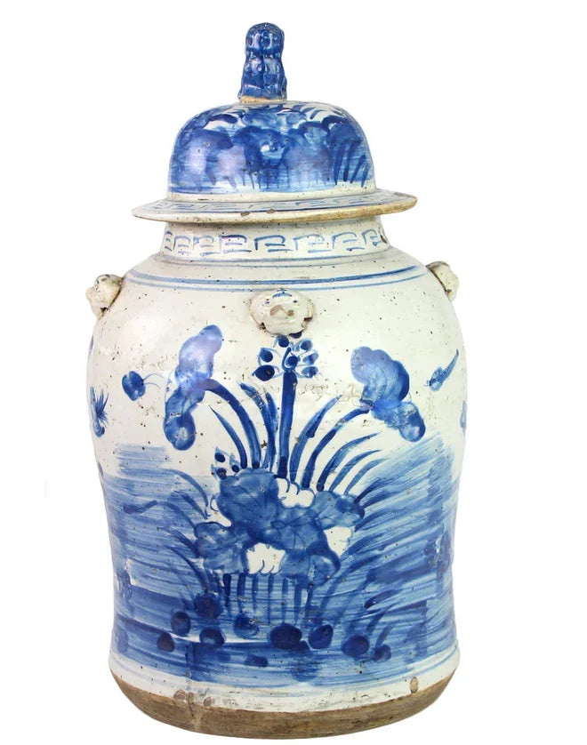 Antiqued Classic Lotus Design Blue and White Jar