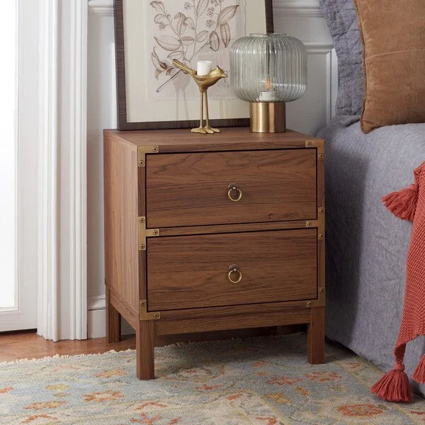 Galio 2 Drawer Nightstand in Walnut with Gold Ring Pulls