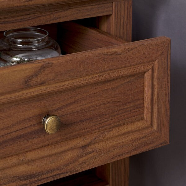 Sondra Wood Drawer & Shelf Nightstand in Walnut with Gold Knob