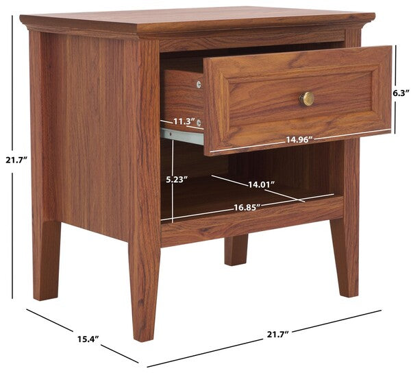 Sondra Wood Drawer & Shelf Nightstand in Walnut with Gold Knob