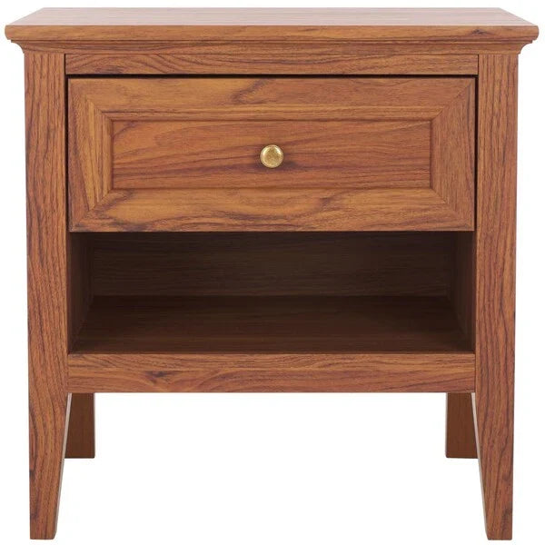 Sondra Wood Drawer & Shelf Nightstand in Walnut with Gold Knob