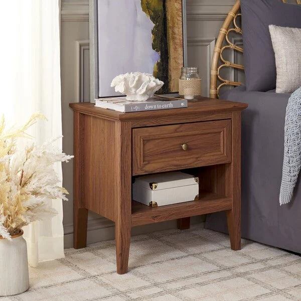 Sondra Wood Drawer & Shelf Nightstand in Walnut with Gold Knob
