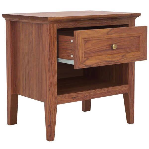 Sondra Wood Drawer & Shelf Nightstand in Walnut with Gold Knob