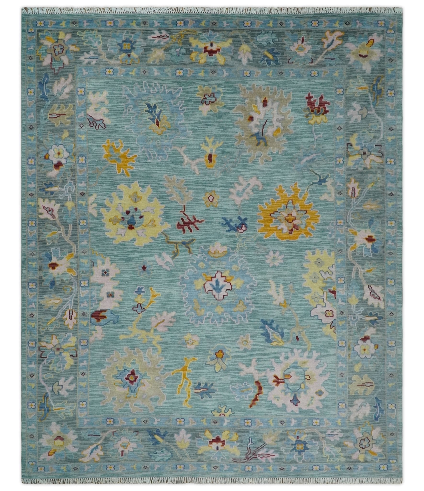 Blue and Gray Vibrant colorful Hand knotted Oushak Wool Area Rug